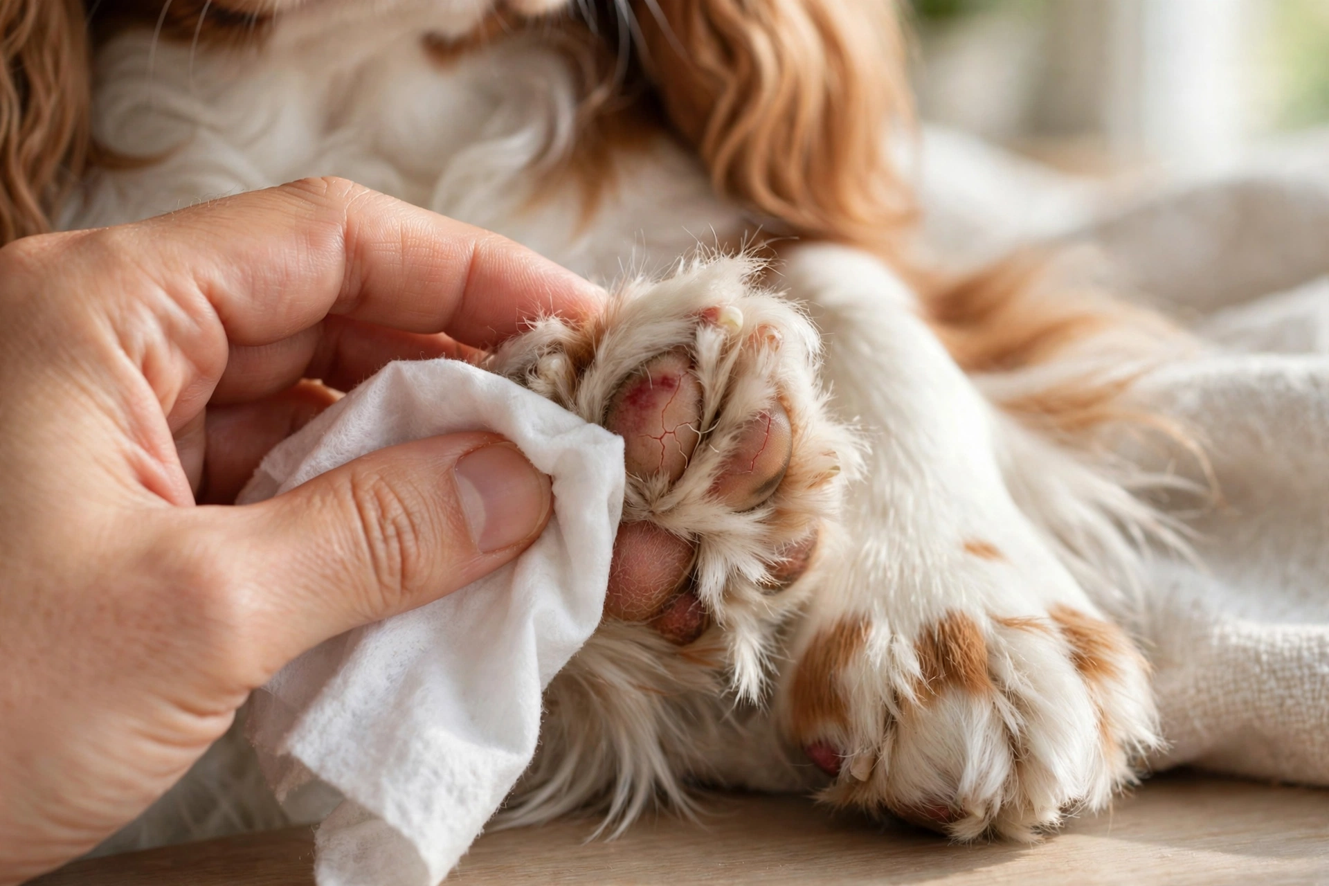 Owner inspecting a Cavalier King Charles Spaniel's paw pads for winter damage