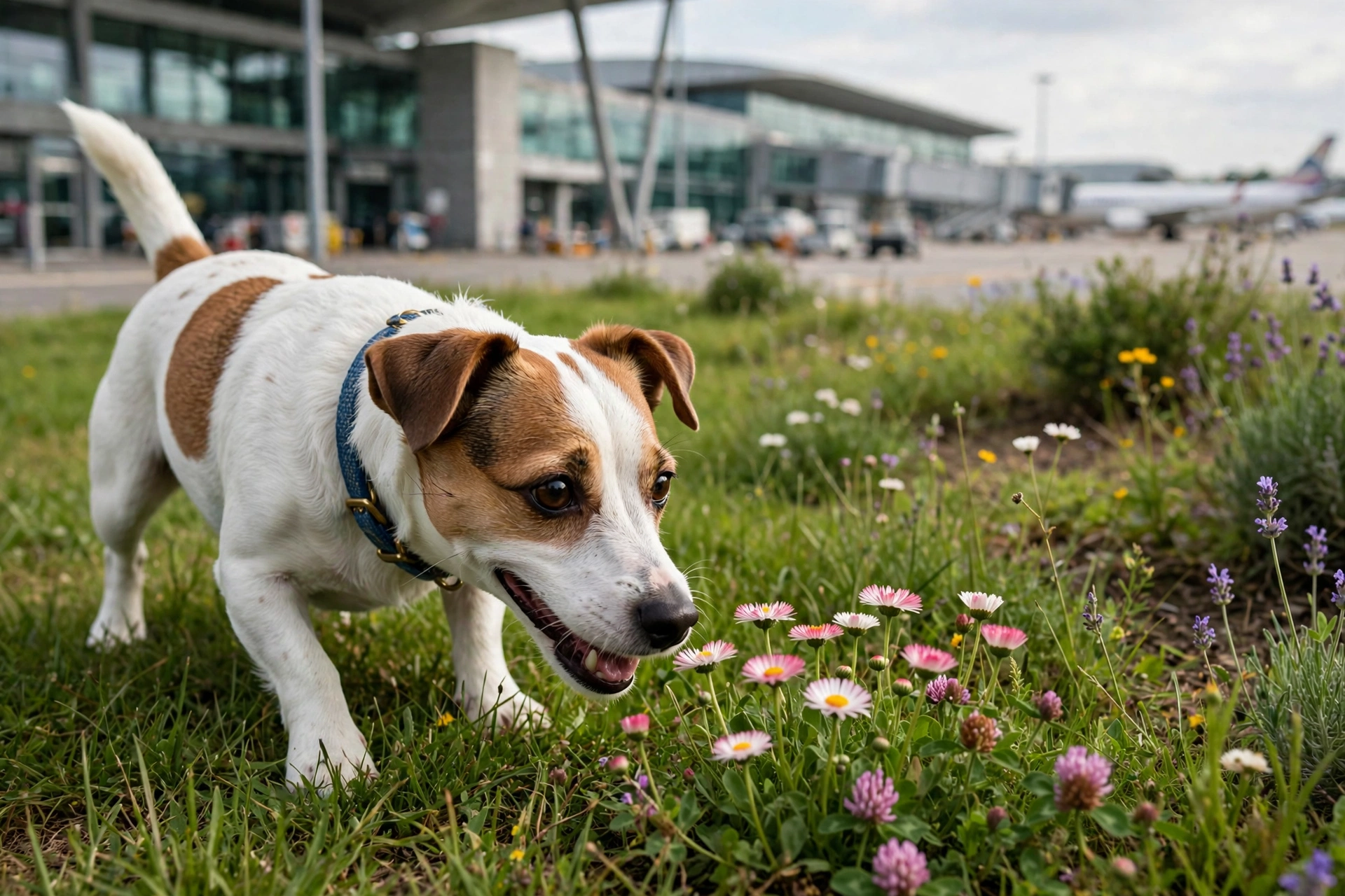 Small dog happily exploring a grassy area after landing at the destination