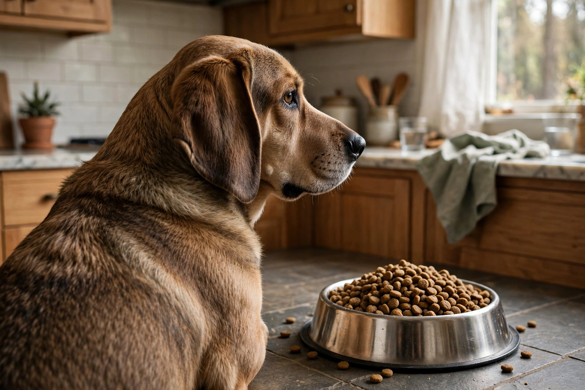 Dog ignoring its food bowl showing appetite loss from stress
