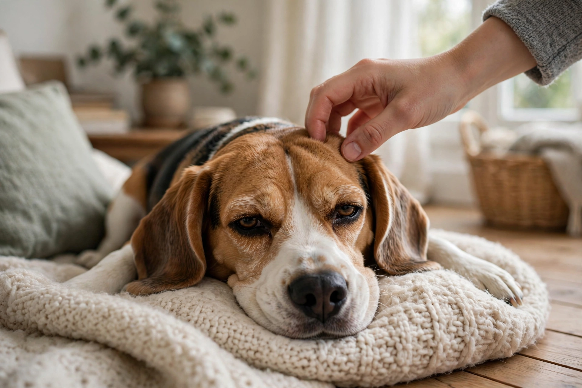 Sleepy beagle resting on a soft blanket being gently comforted by its owner