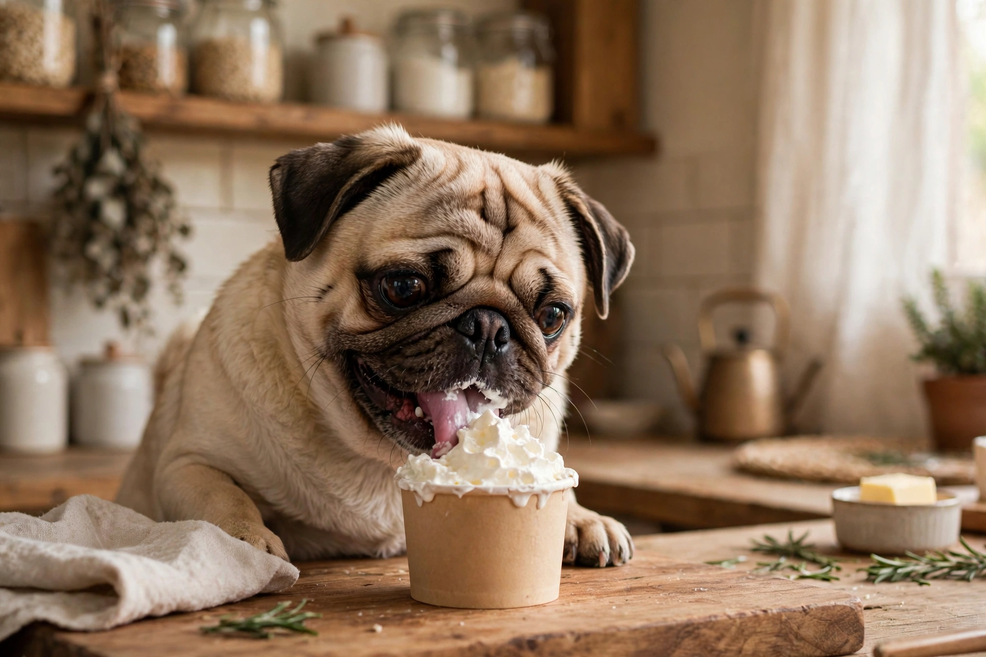 Dog happily licking whipped cream from a small puppuccino cup