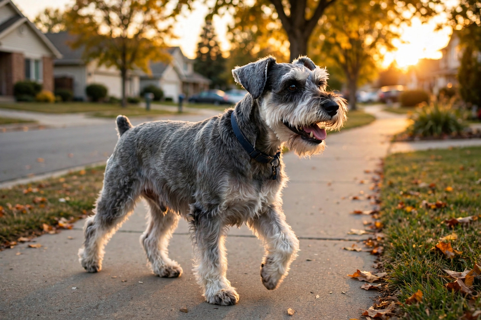 Senior Miniature Schnauzer with a gray muzzle walking on a suburban sidewalk