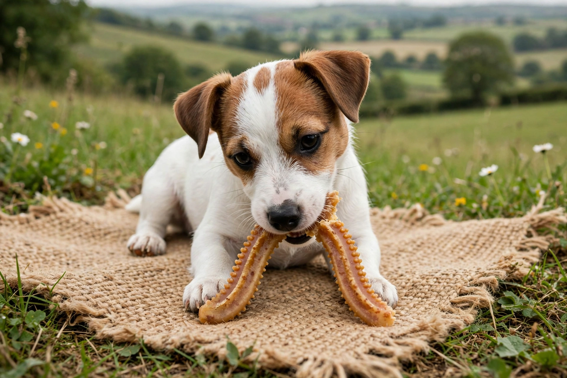 Jack Russell Terrier puppy chewing a wishbone-shaped bacon-flavored Benebone chew