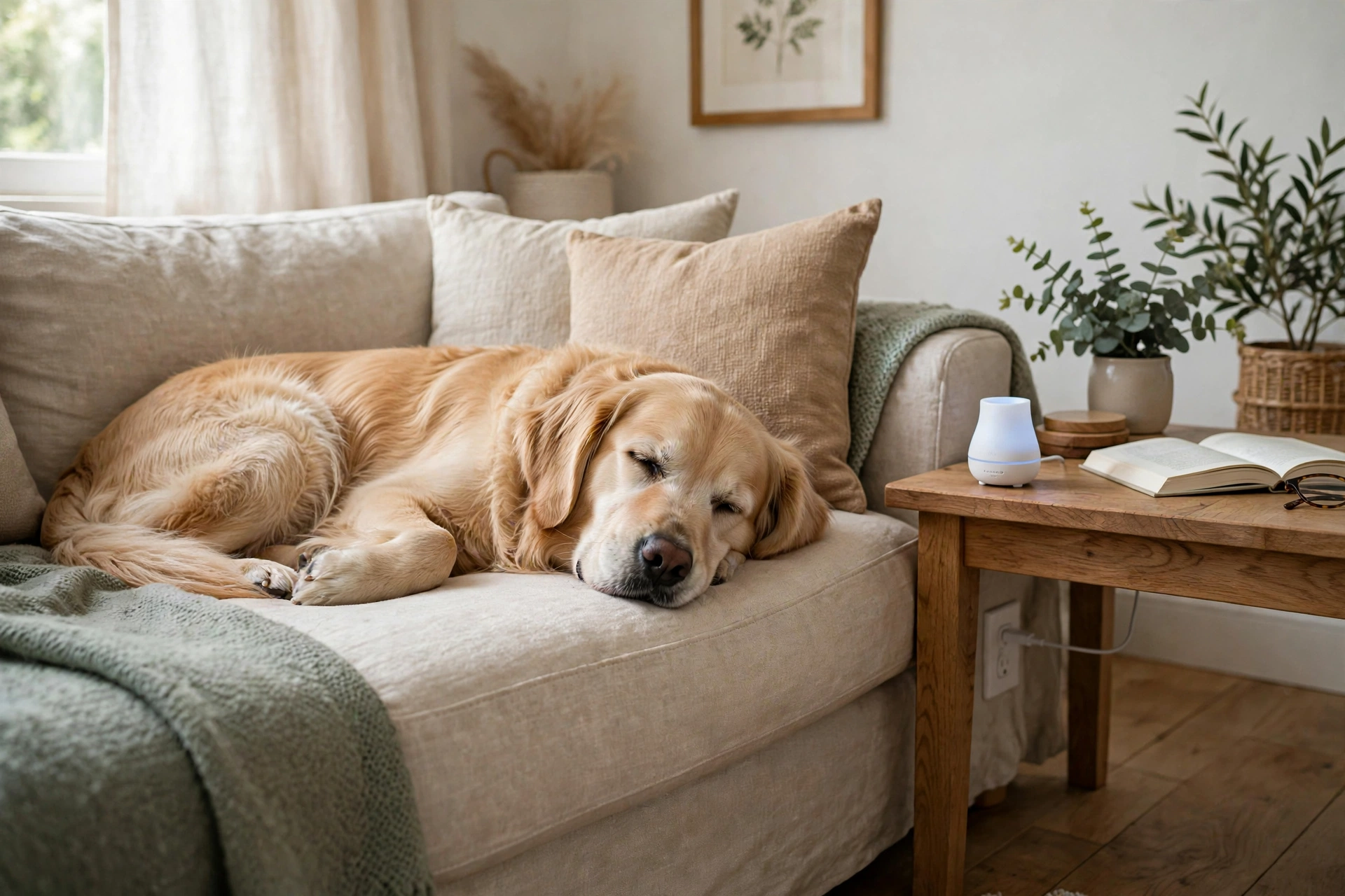Dog resting calmly on a couch with a plug-in calming diffuser nearby