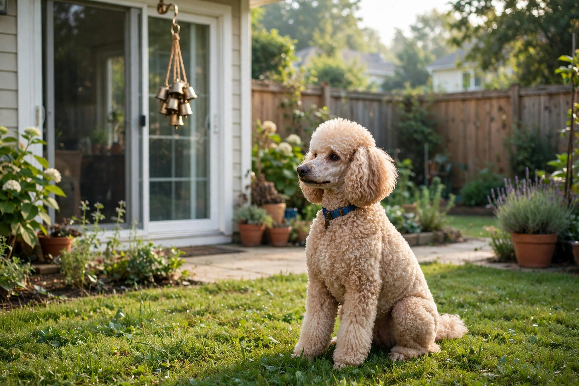 Poodle on green grass by a door with training bells for a regular potty routine