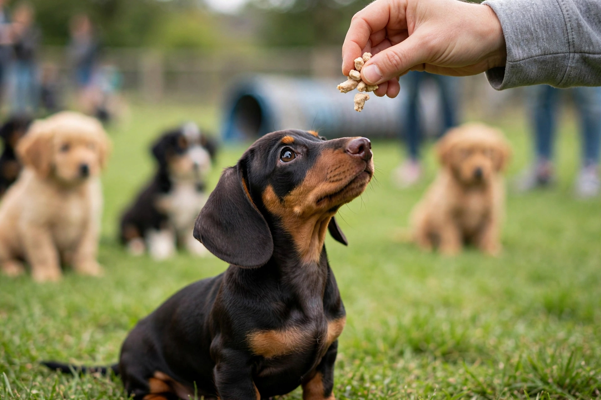 Dachshund puppy at an outdoor training class focused on tiny freeze-dried chicken treats held by a trainer