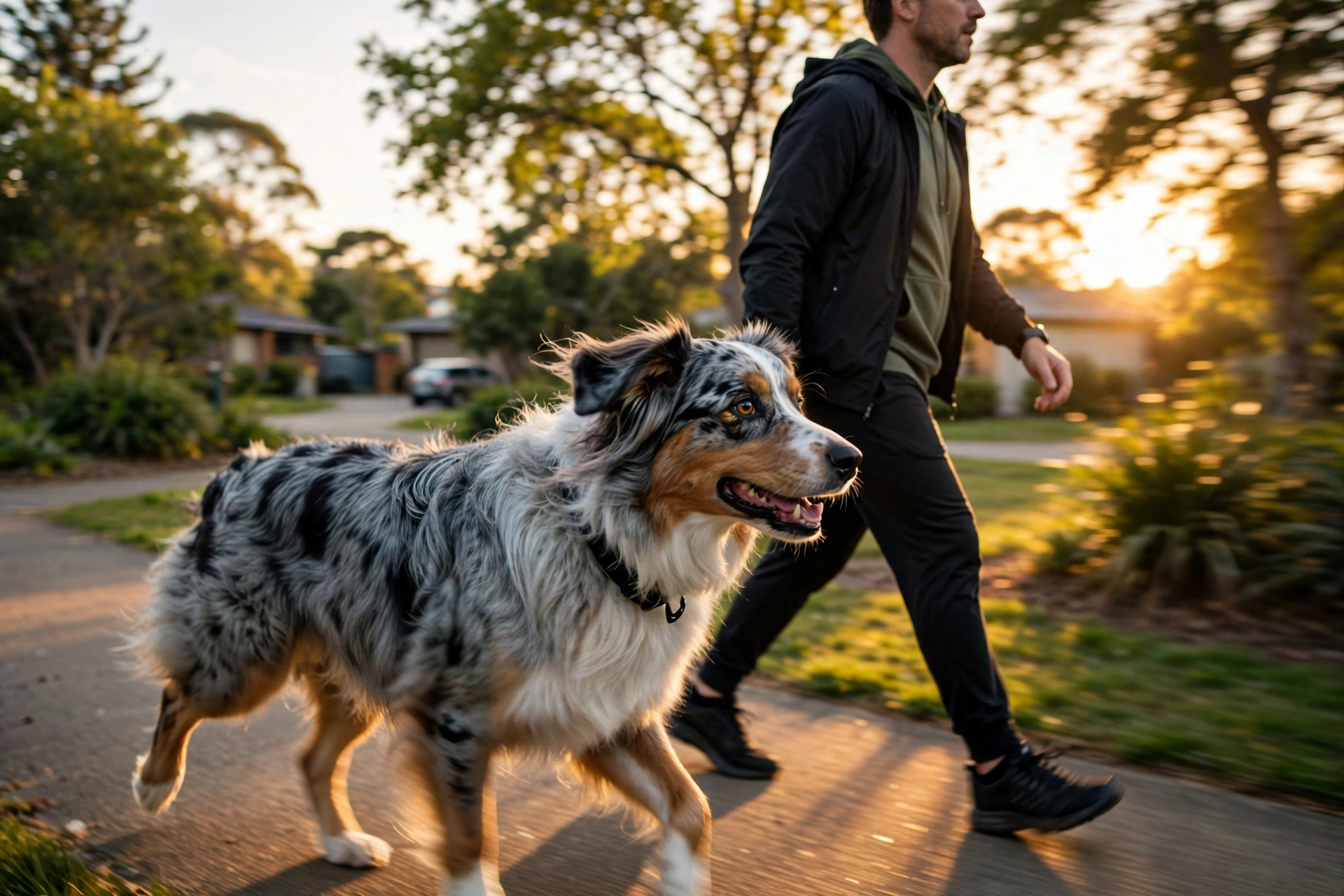 Australian shepherd walking closely at its owner's side on a path