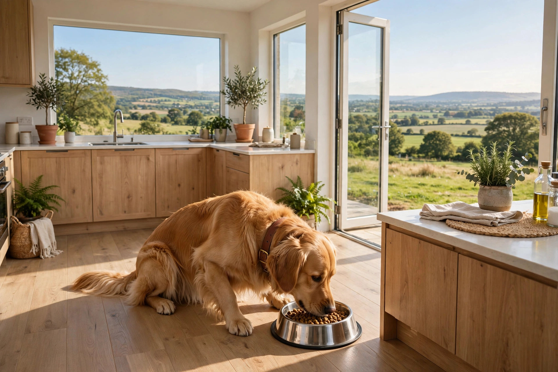 Healthy dog eating from a bowl, supporting good digestion and less odor