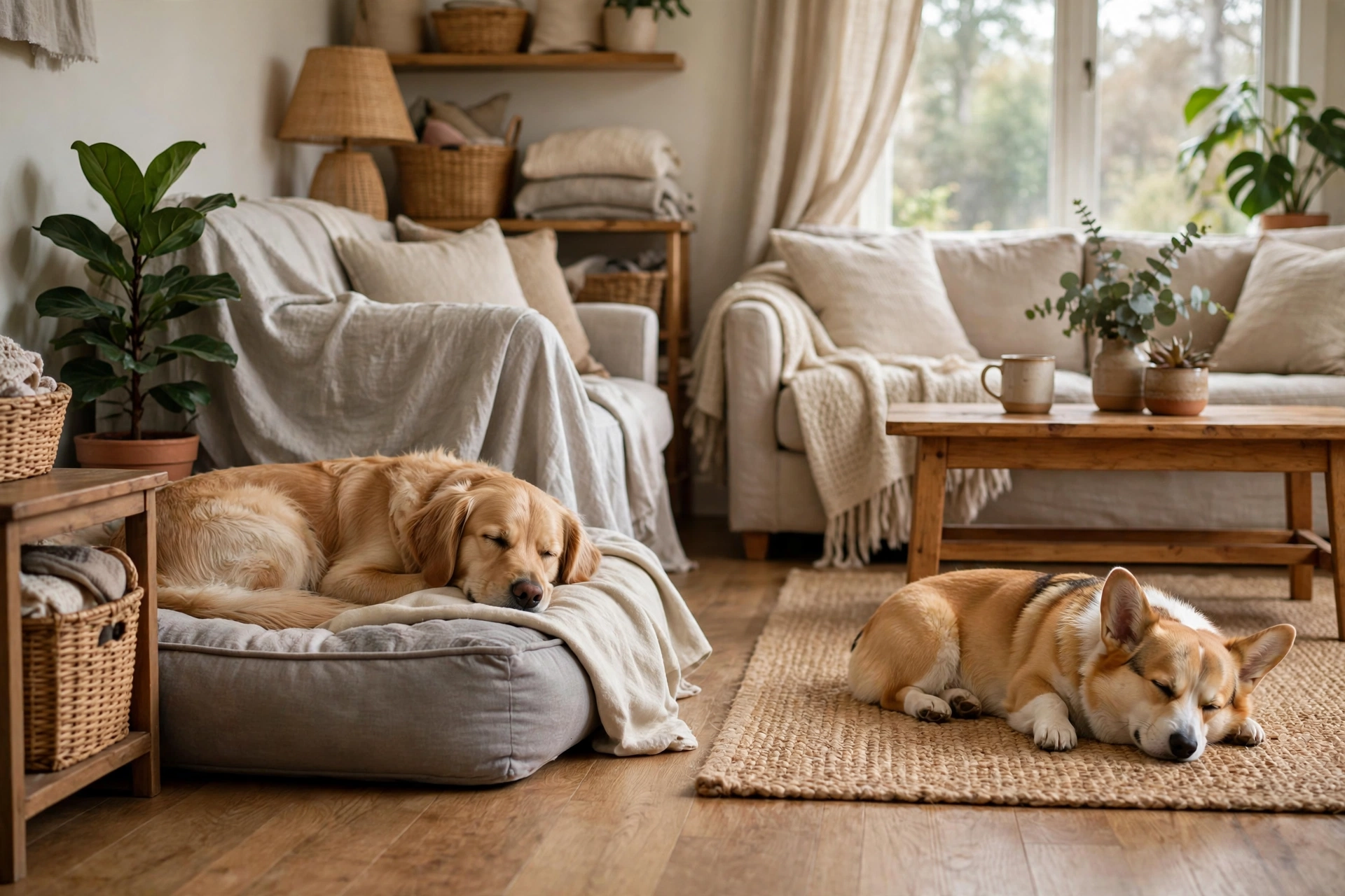 Two dogs calmly resting in separate areas of a living room