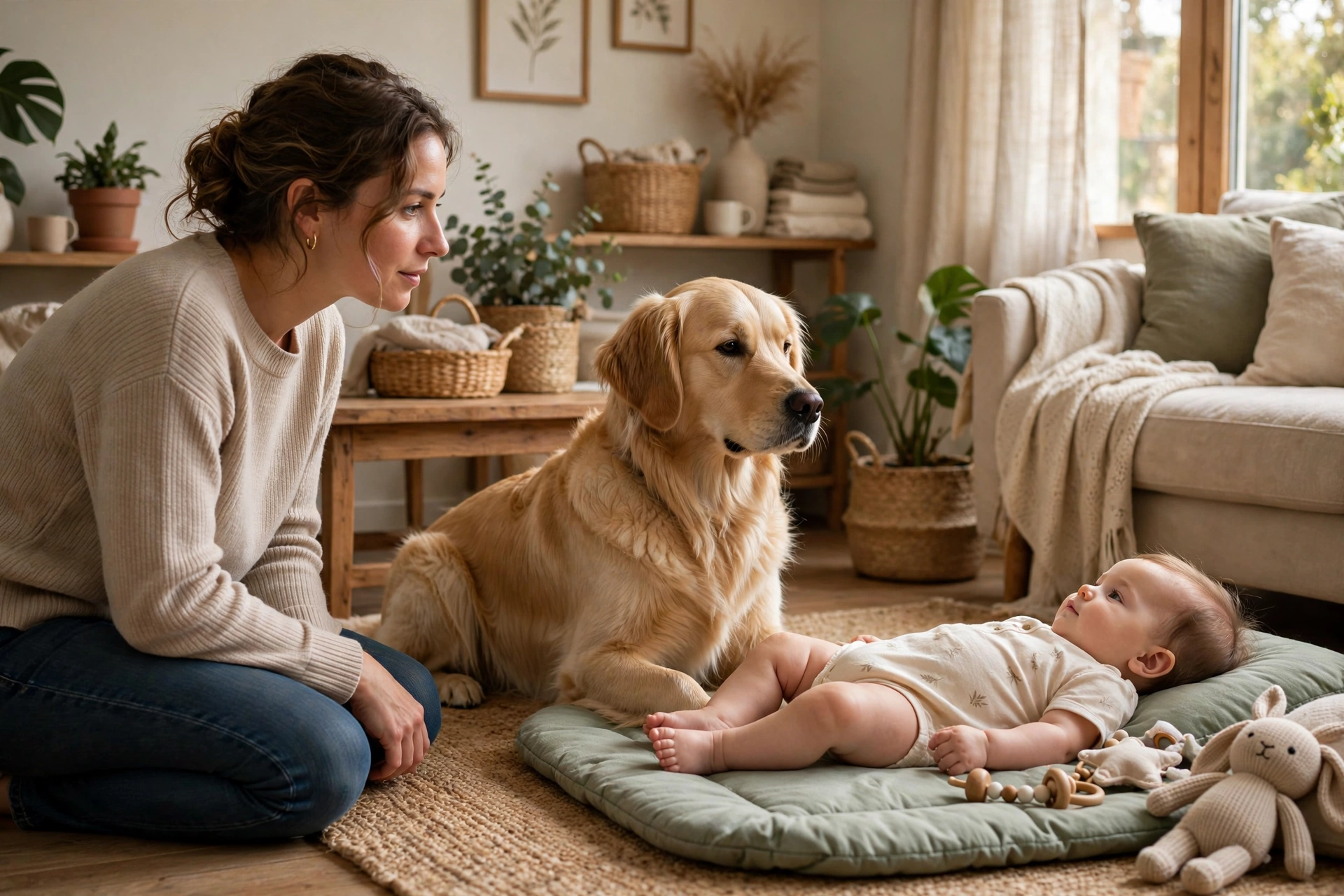 Owner watching a dog's relaxed body language near a baby