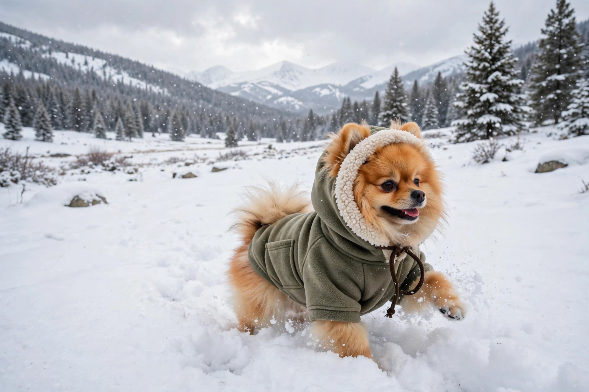 Small pomeranian wearing a vecomfy fleece-lined dog hoodie with drawstring hood in the snow