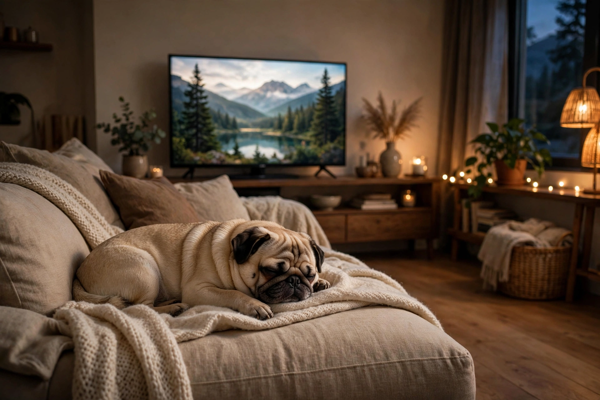Pug resting on a couch with a TV glowing softly in the background