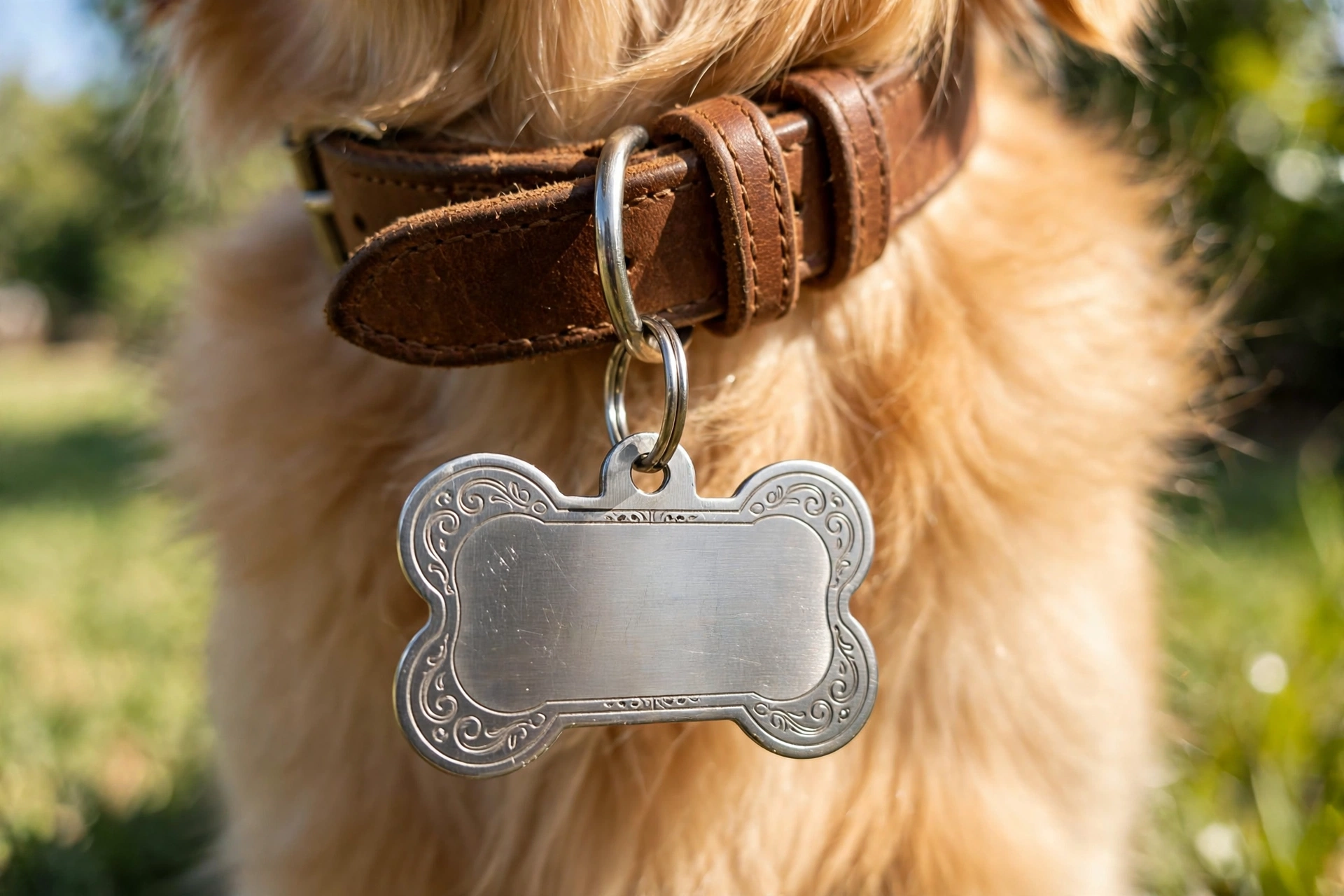 Engraved stainless steel ID tag on a dog's collar