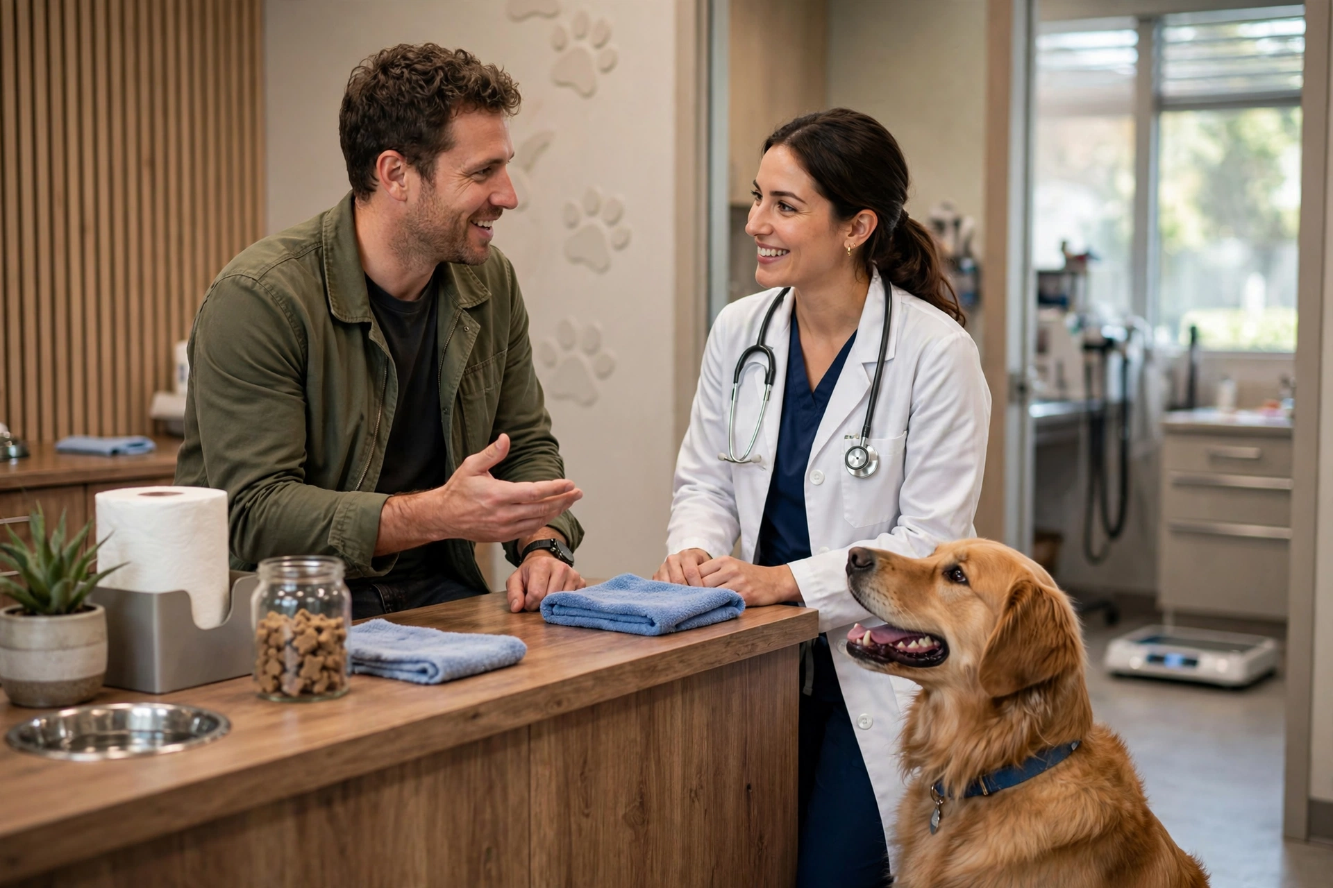 Owner discussing dog's weight progress with a veterinarian at a clinic