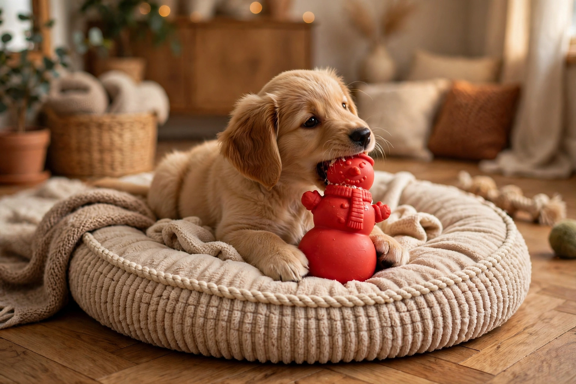 Puppy chewing a red rubber stuffed treat toy