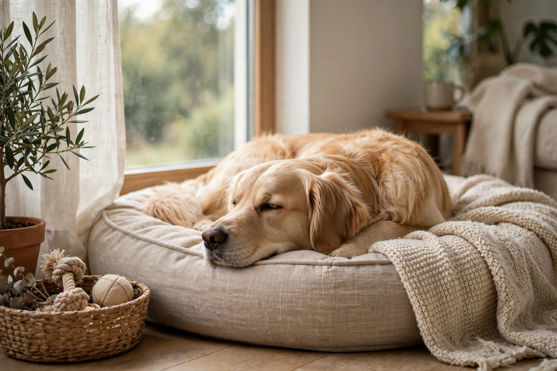 Relaxed golden retriever lying calmly on a cozy indoor dog bed near a window