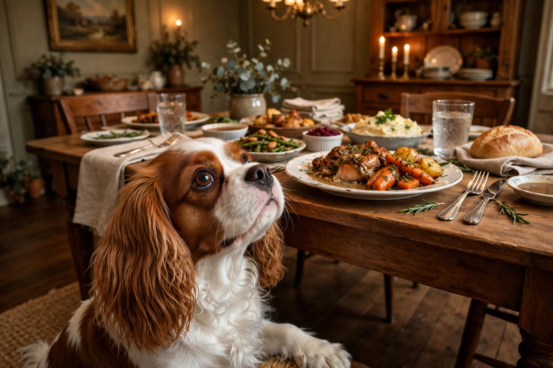 Cavalier King Charles Spaniel begging at the dinner table
