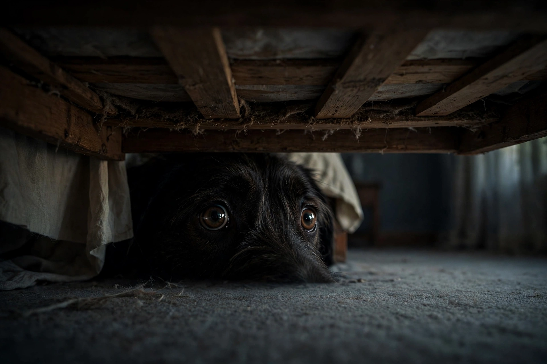 Dog hiding under a bed avoiding interaction