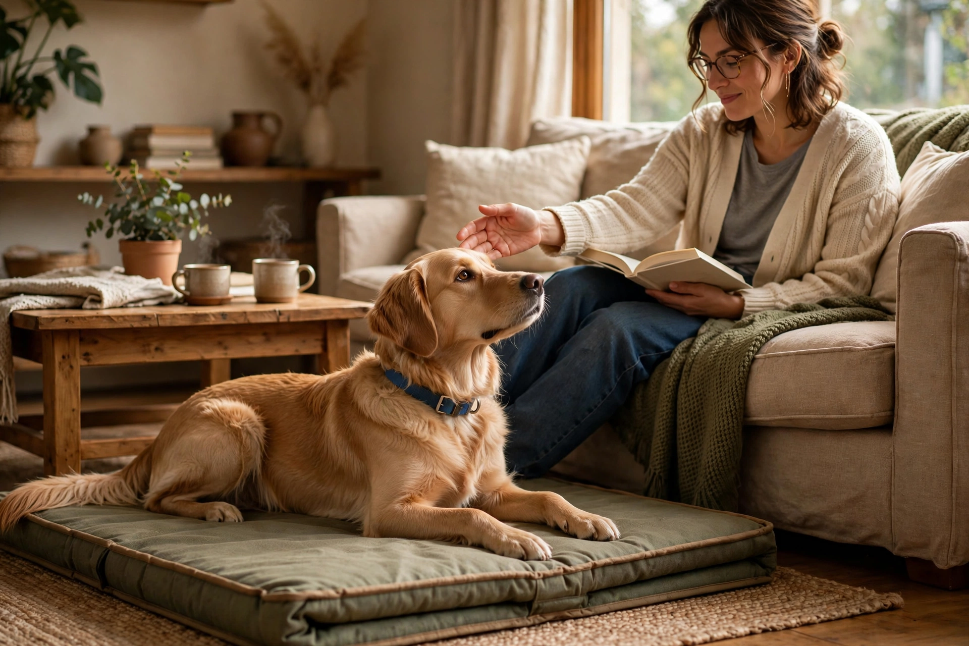 Dog being praised for settling calmly on a mat while owner relaxes