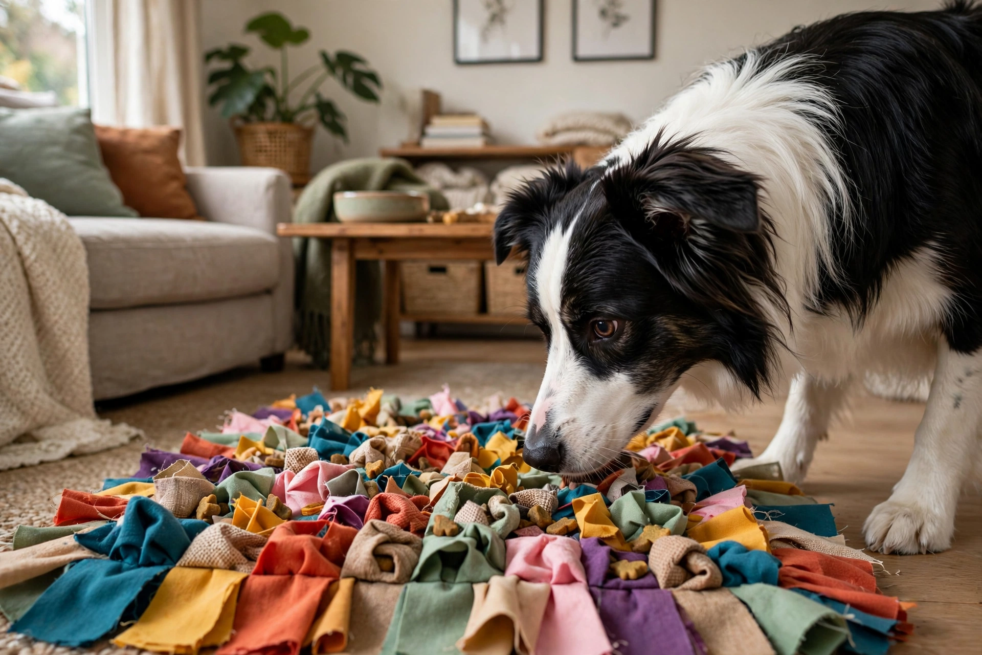 Dog sniffing out hidden treats in a snuffle mat during a treasure hunt