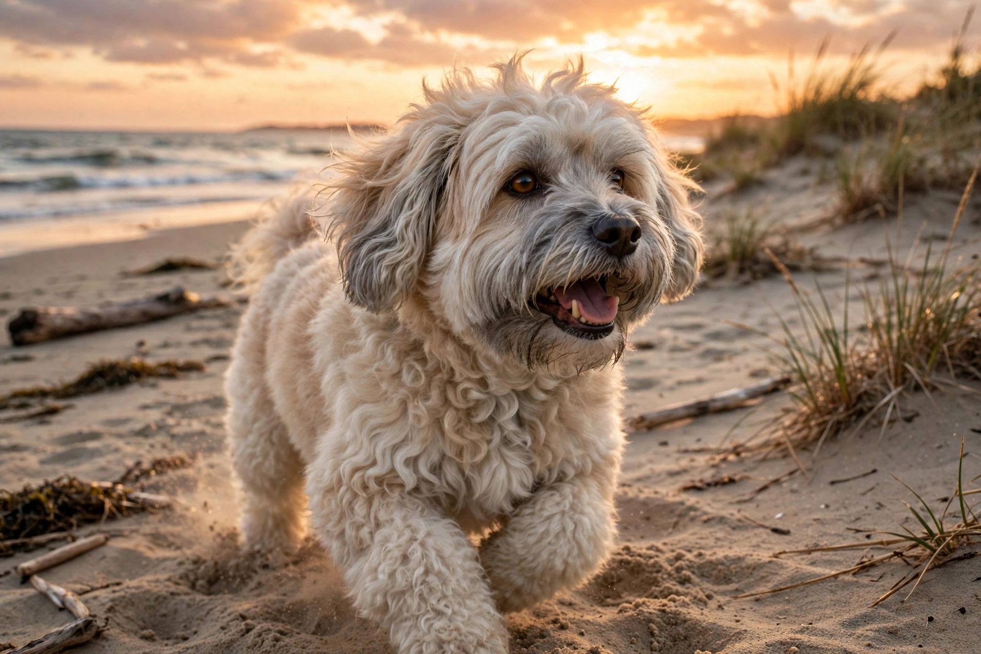 Senior Havanese with a gray muzzle playing on a beach at sunset