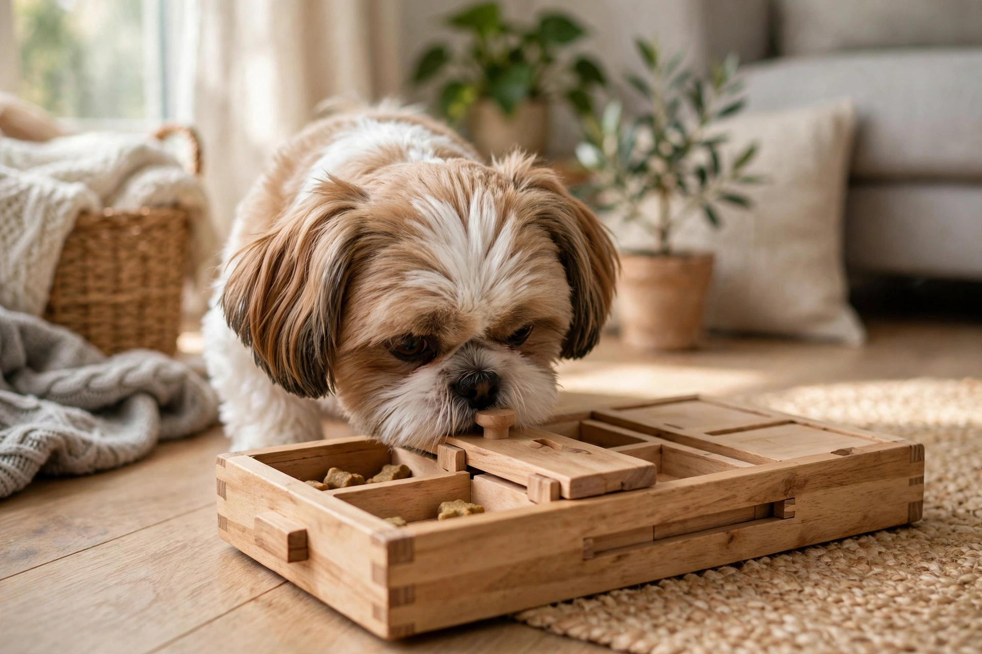 Shih Tzu sliding compartments of a Nina Ottosson Dog Brick treat puzzle toy