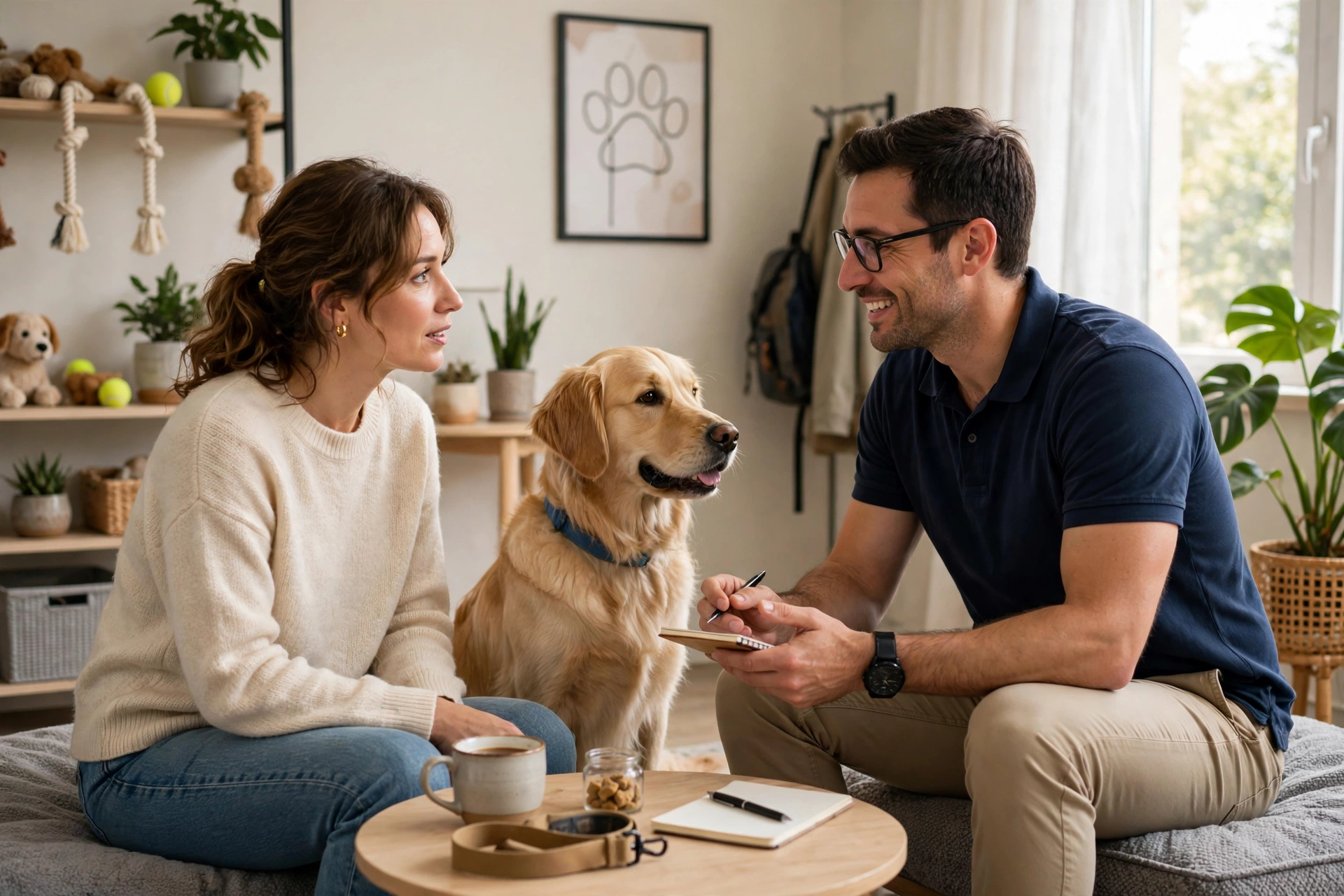 Dog owner consulting with a professional dog trainer about separation anxiety