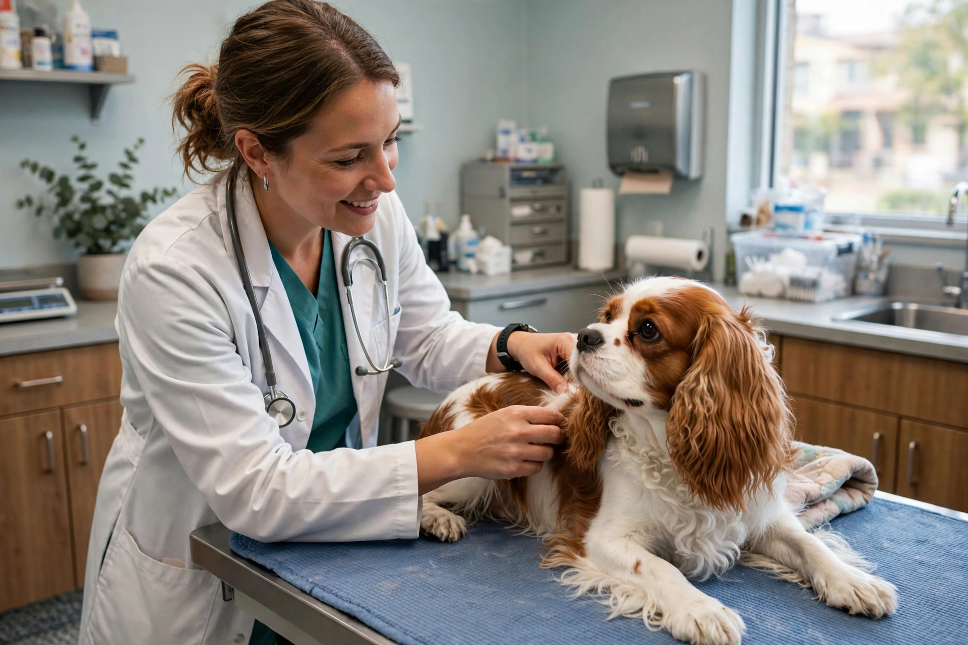 Veterinarian examining a cavalier king charles spaniel's coat and skin