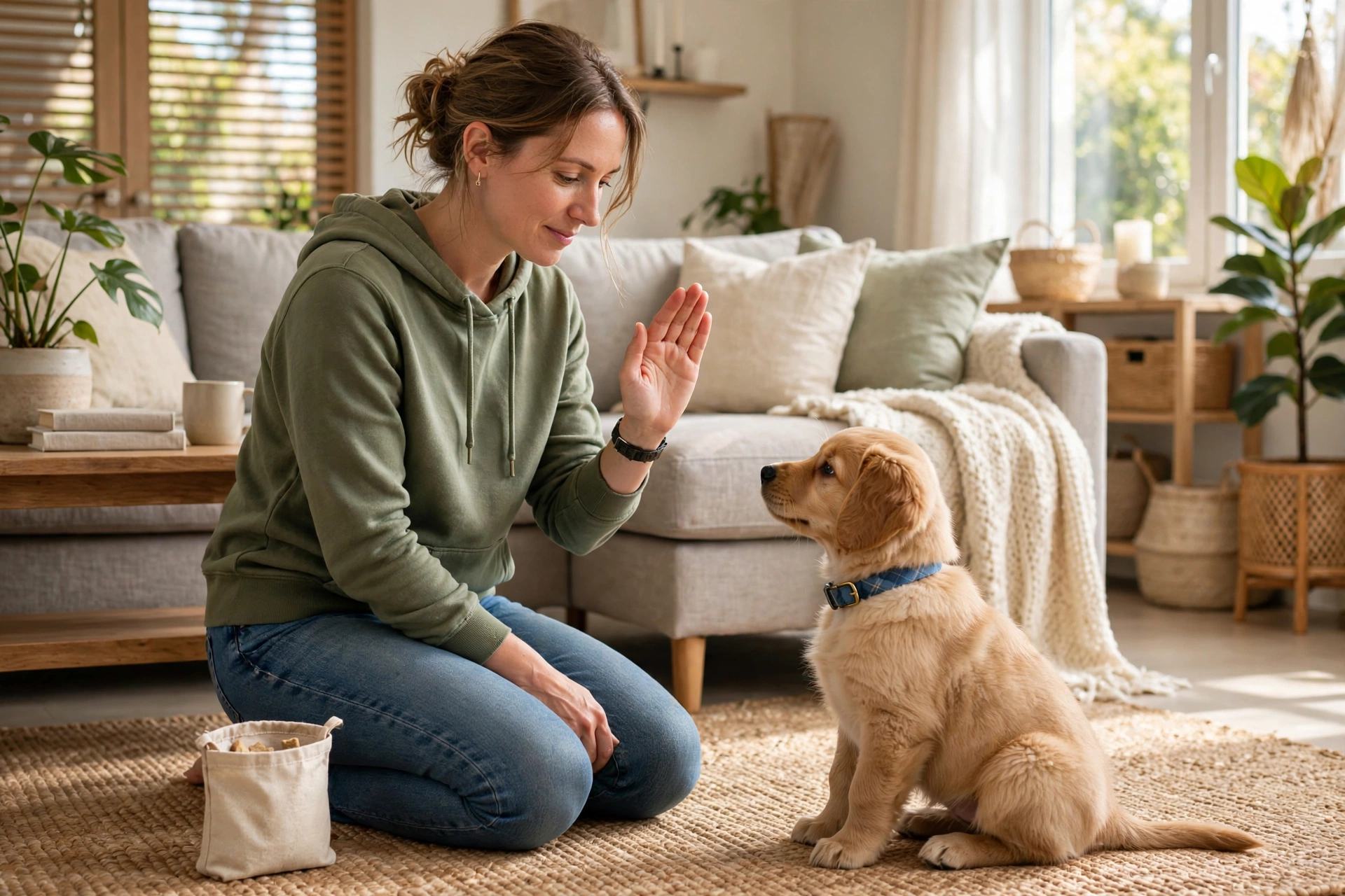 Owner patiently training a puppy to sit calmly at home