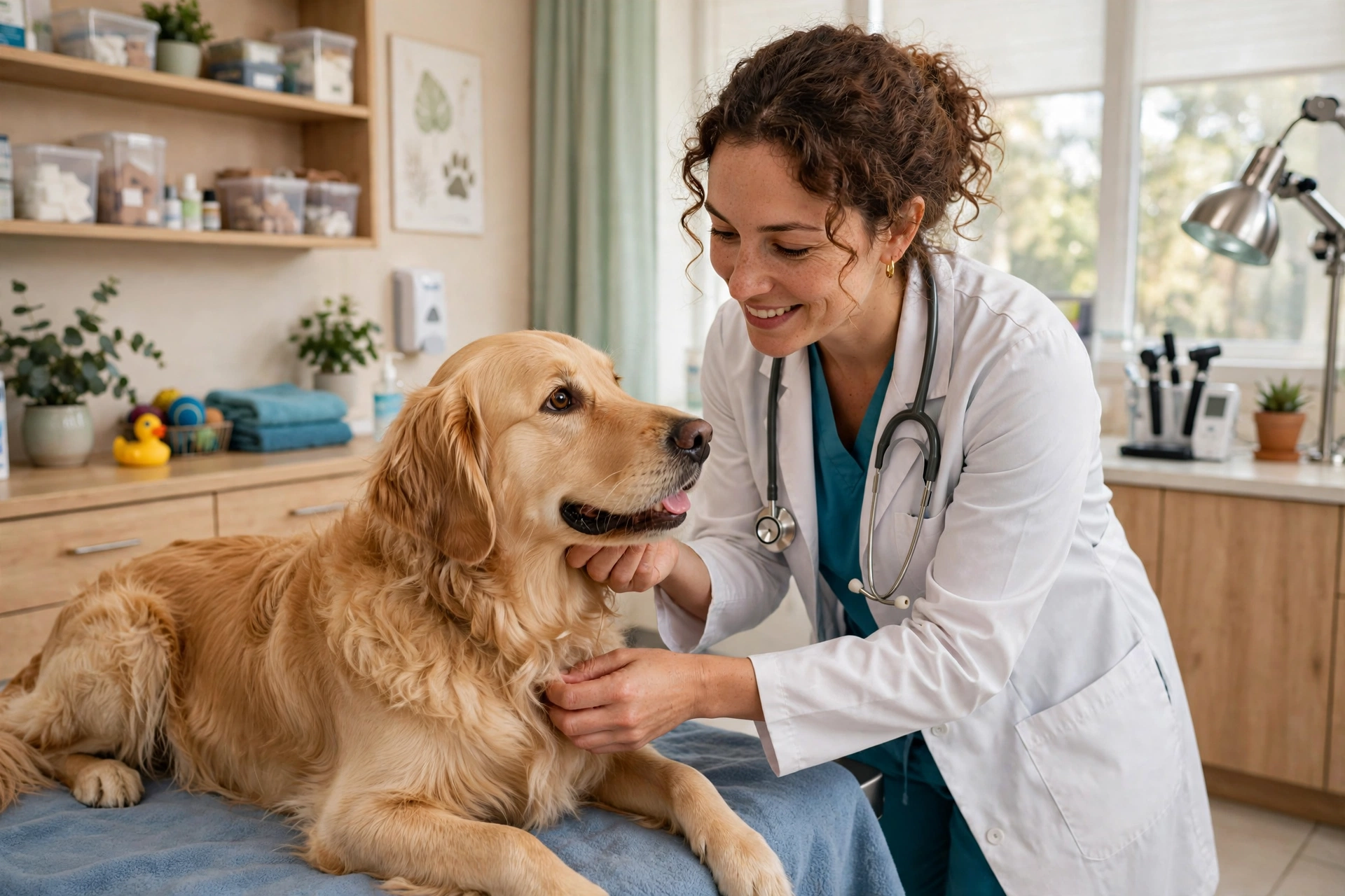 Veterinarian gently examining a dog in a bright veterinary clinic