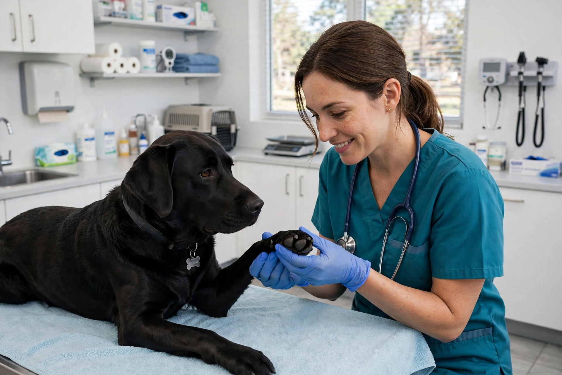 Veterinarian examining a dog's paw