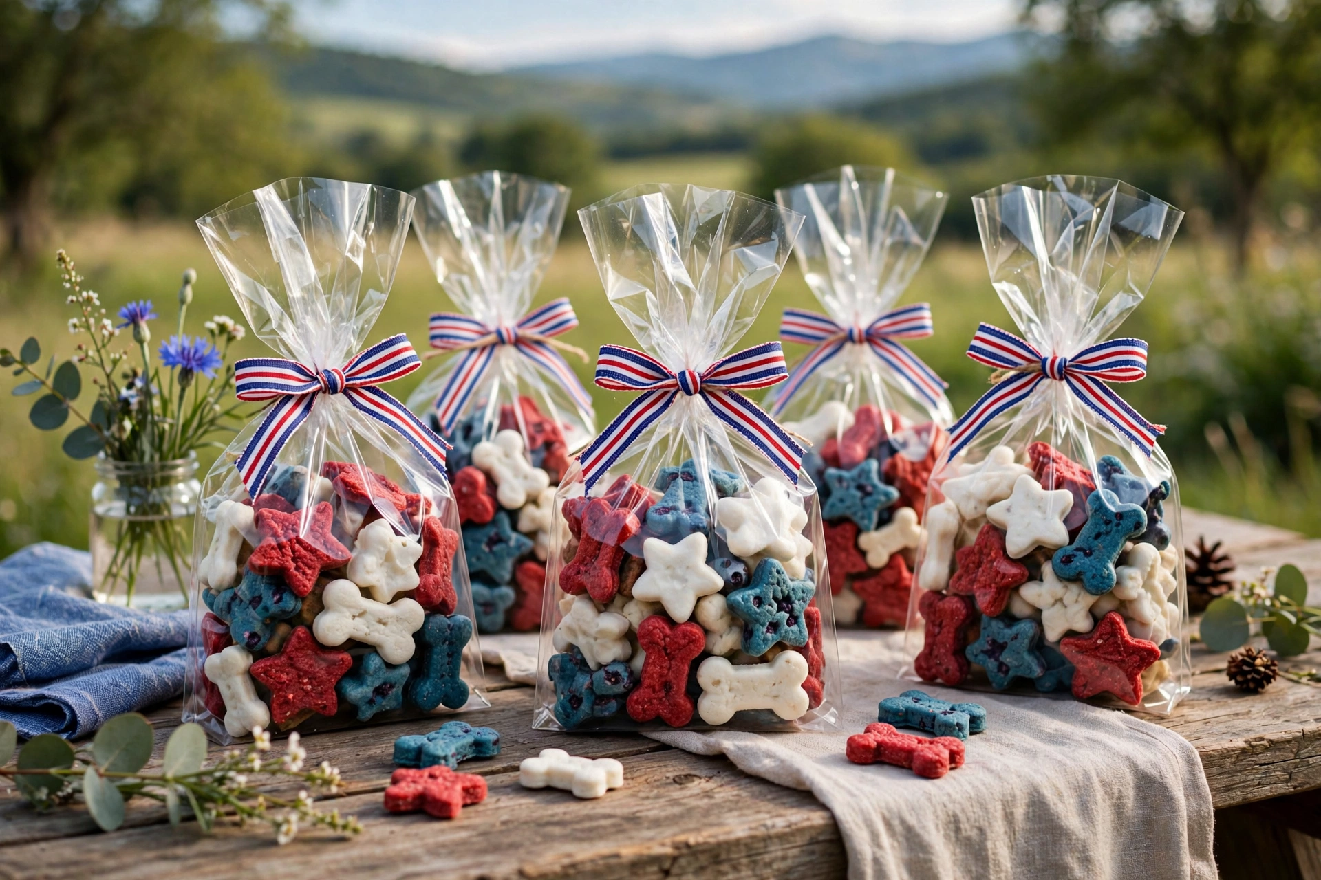 Cellophane gift bags filled with patriotic homemade dog treats