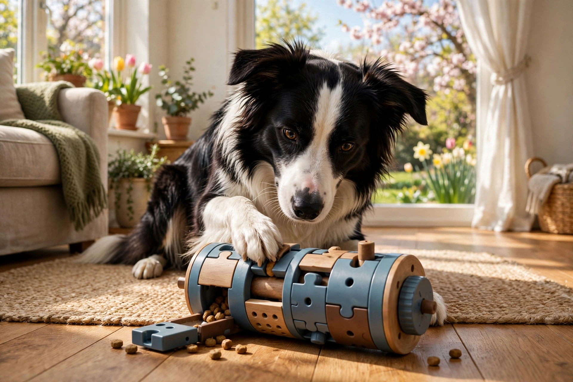 Border collie solving a treat-dispensing puzzle toy
