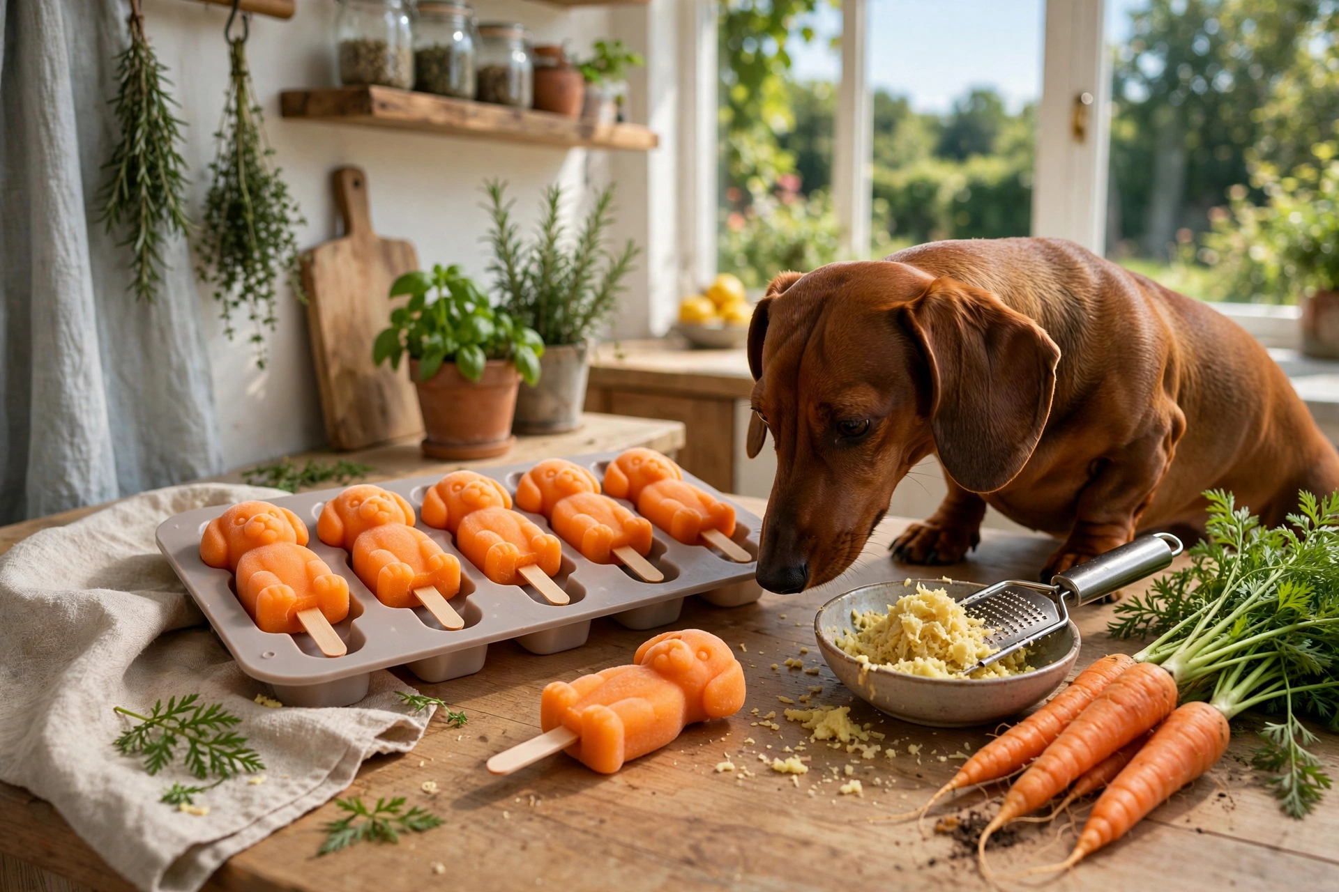 Carrot ginger dog pup pops on wooden sticks in a mold tray