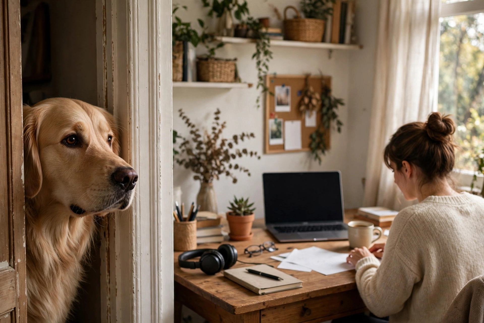 Dog peeking around a doorway to check on its owner working at a desk