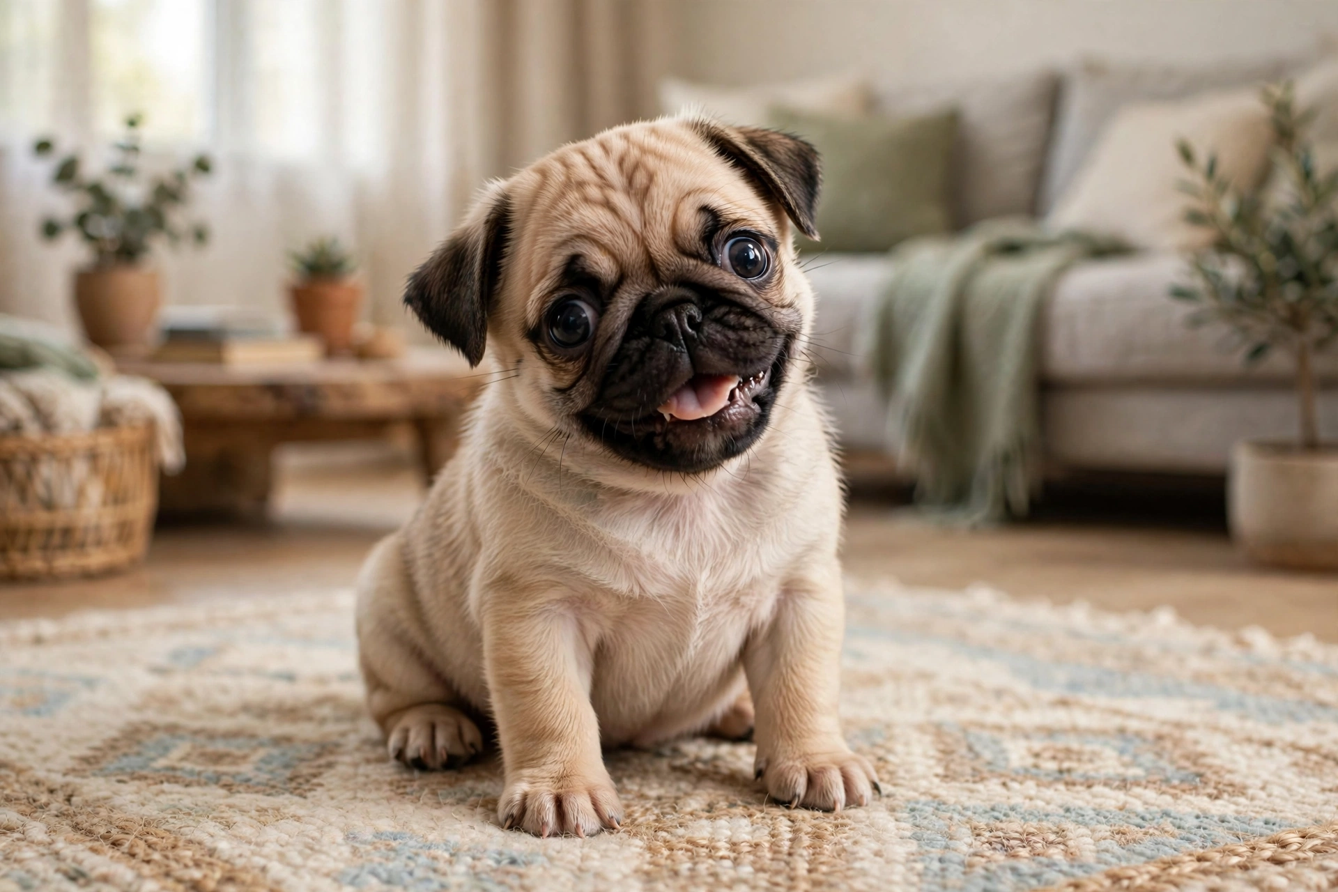 Fawn Pug puppy sitting on a living room rug