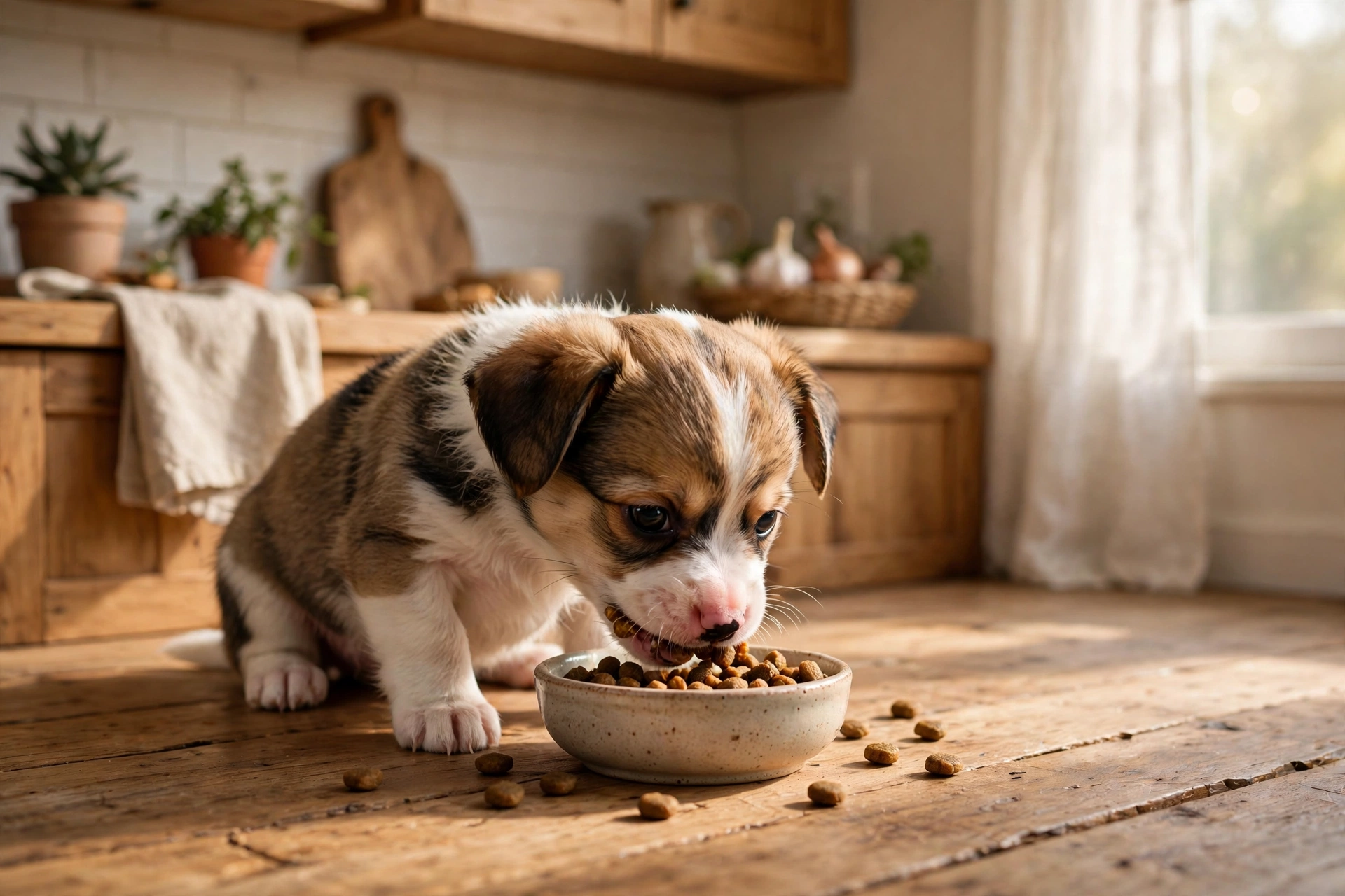 Tiny 8-week-old puppy happily eating kibble from a small bowl
