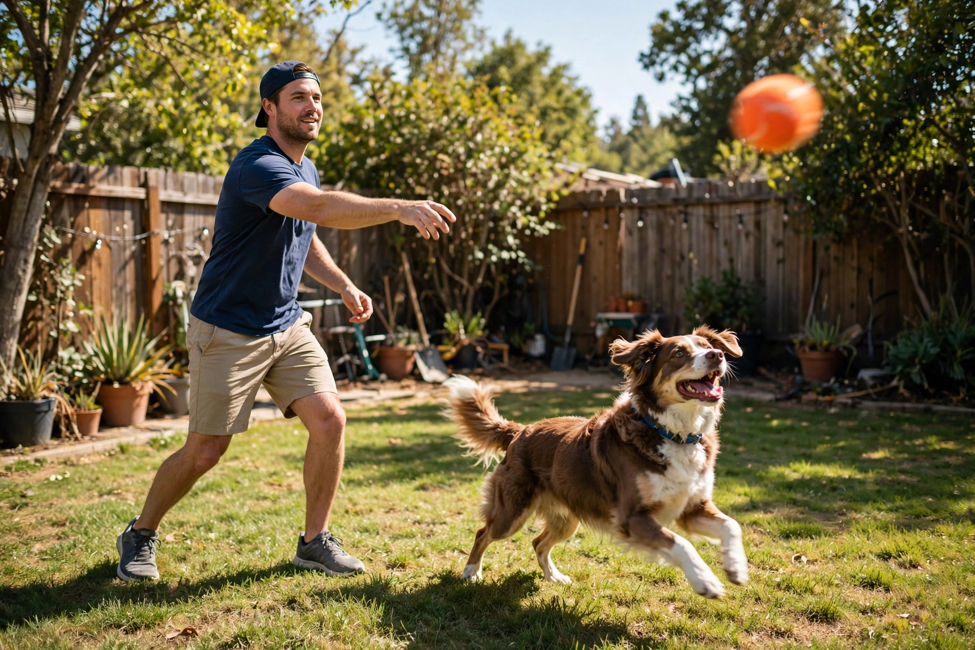 Owner throwing a ball for a happy dog playing fetch in the backyard