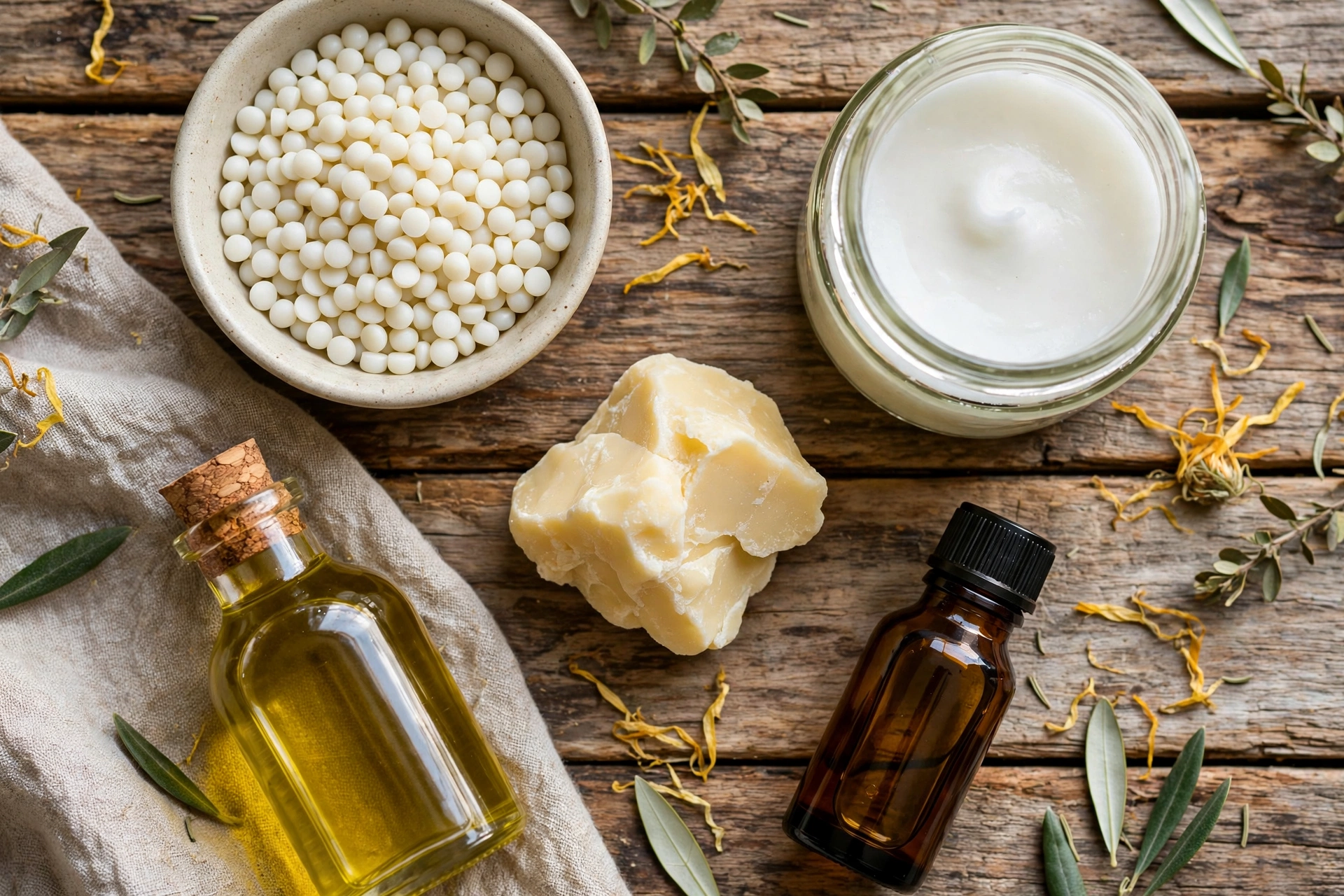 Flat lay of natural paw balm ingredients: beeswax pellets, coconut oil, shea butter, vitamin E oil and olive oil on a wooden table