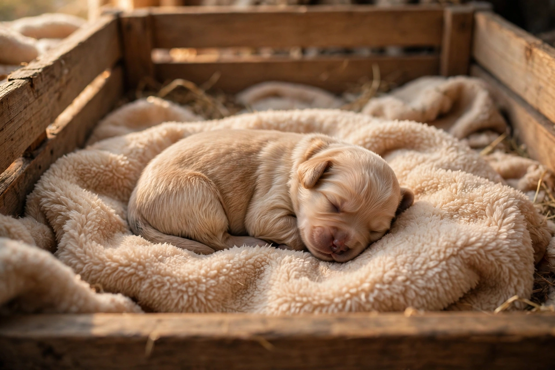 Newborn puppy sleeping on a soft blanket, toothless in the first weeks of life