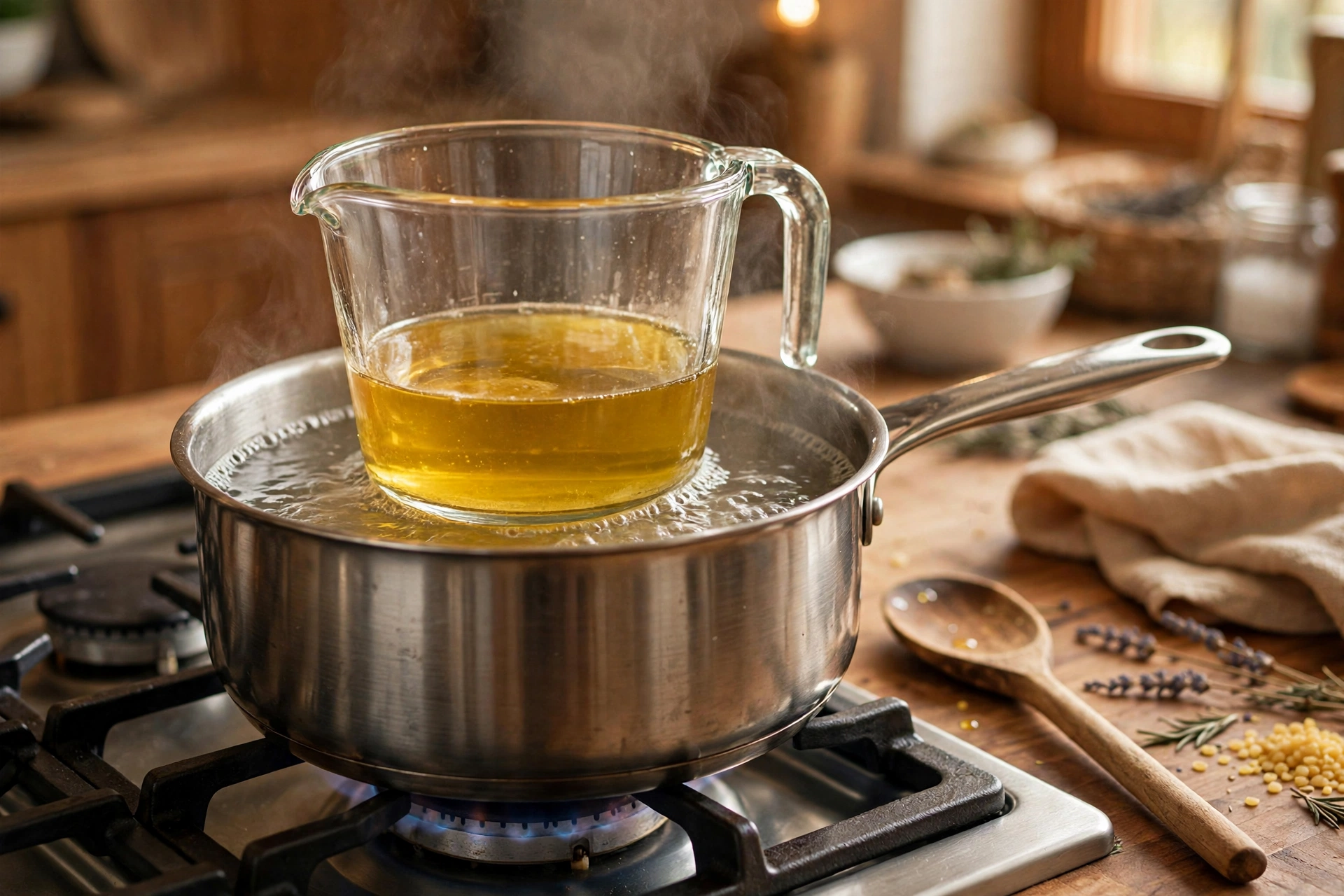 Double boiler setup with glass measuring cup of melting oils over simmering water