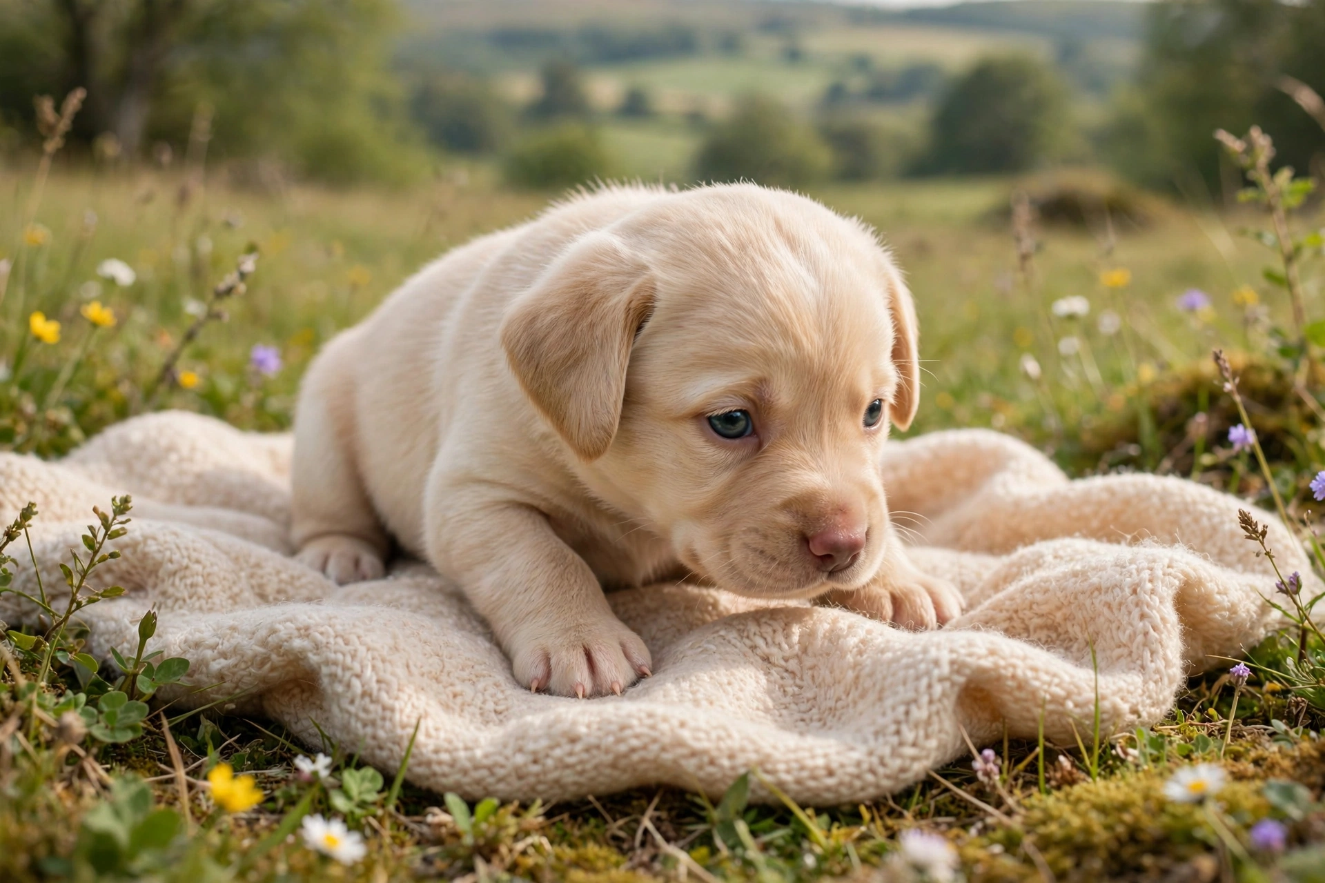 Three-week-old puppy with eyes open as the first baby teeth begin to erupt