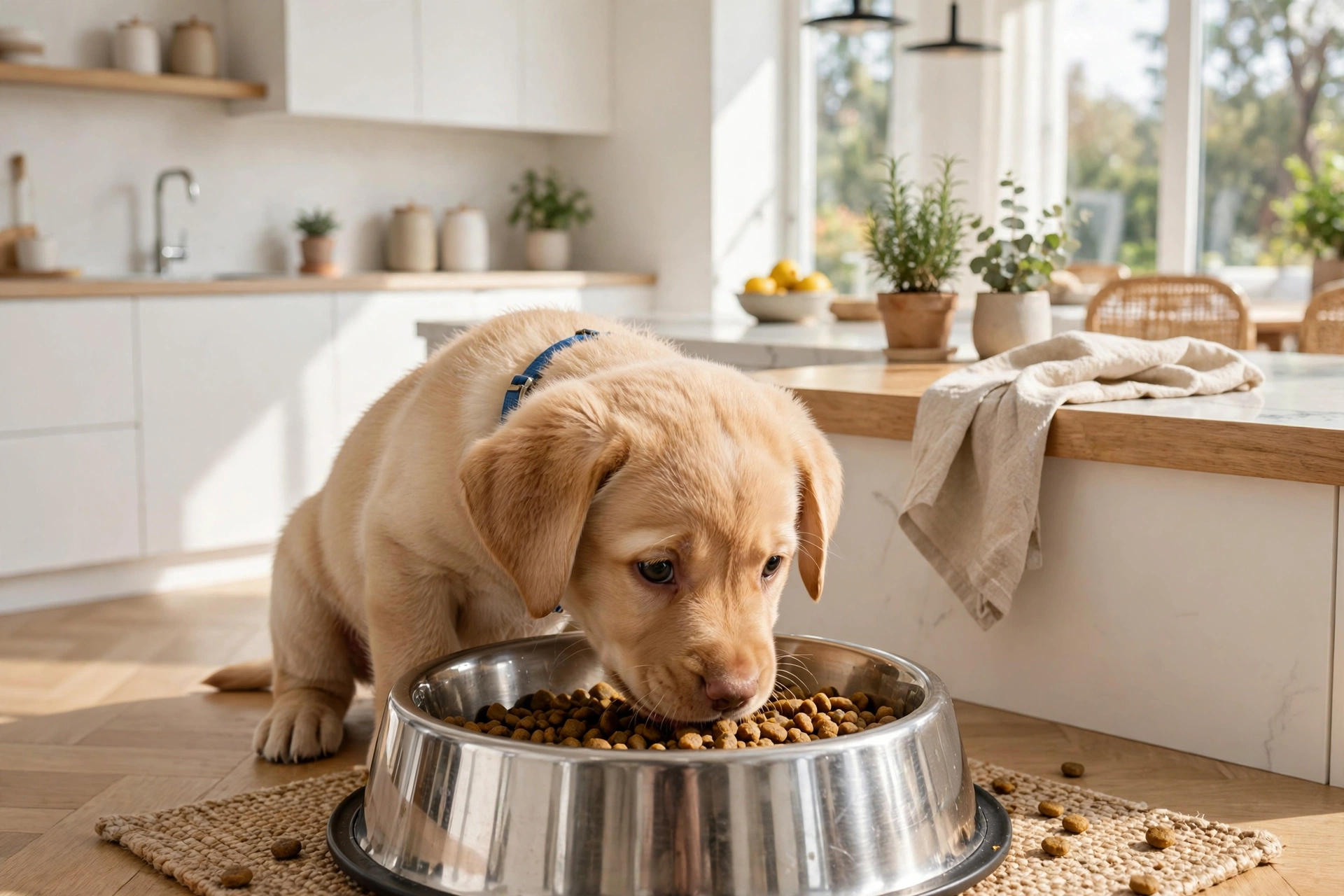 Six-month-old labrador retriever puppy eating from a large stainless steel food bowl