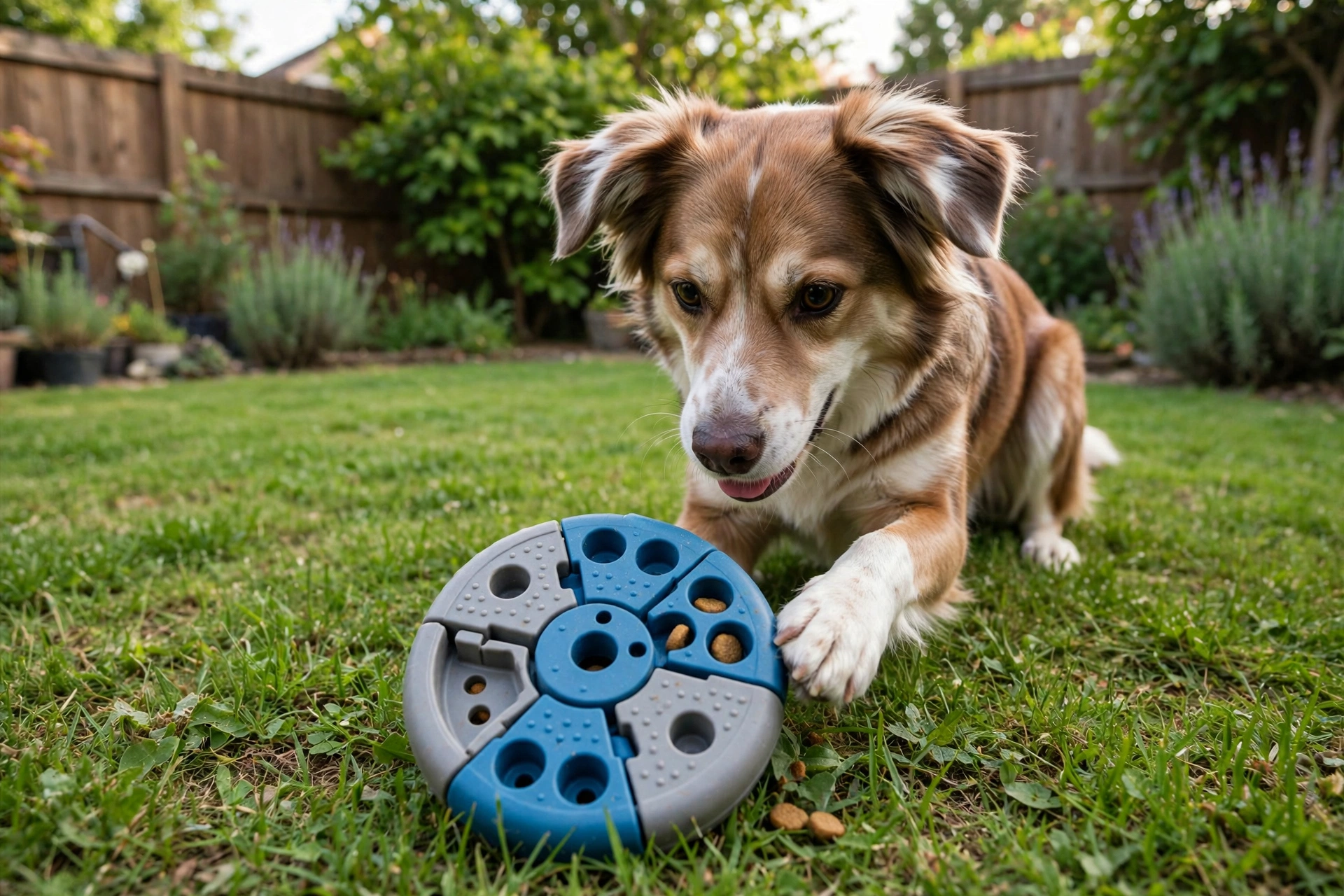 Curious dog playing with a puzzle treat toy on the grass