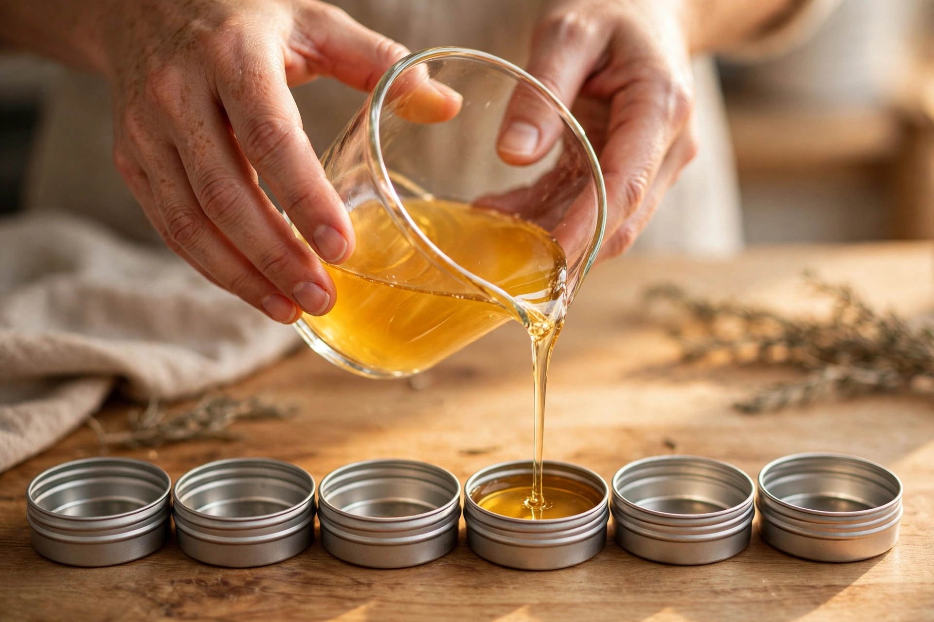 Pouring melted golden balm mixture from a glass measuring cup into small metal tins