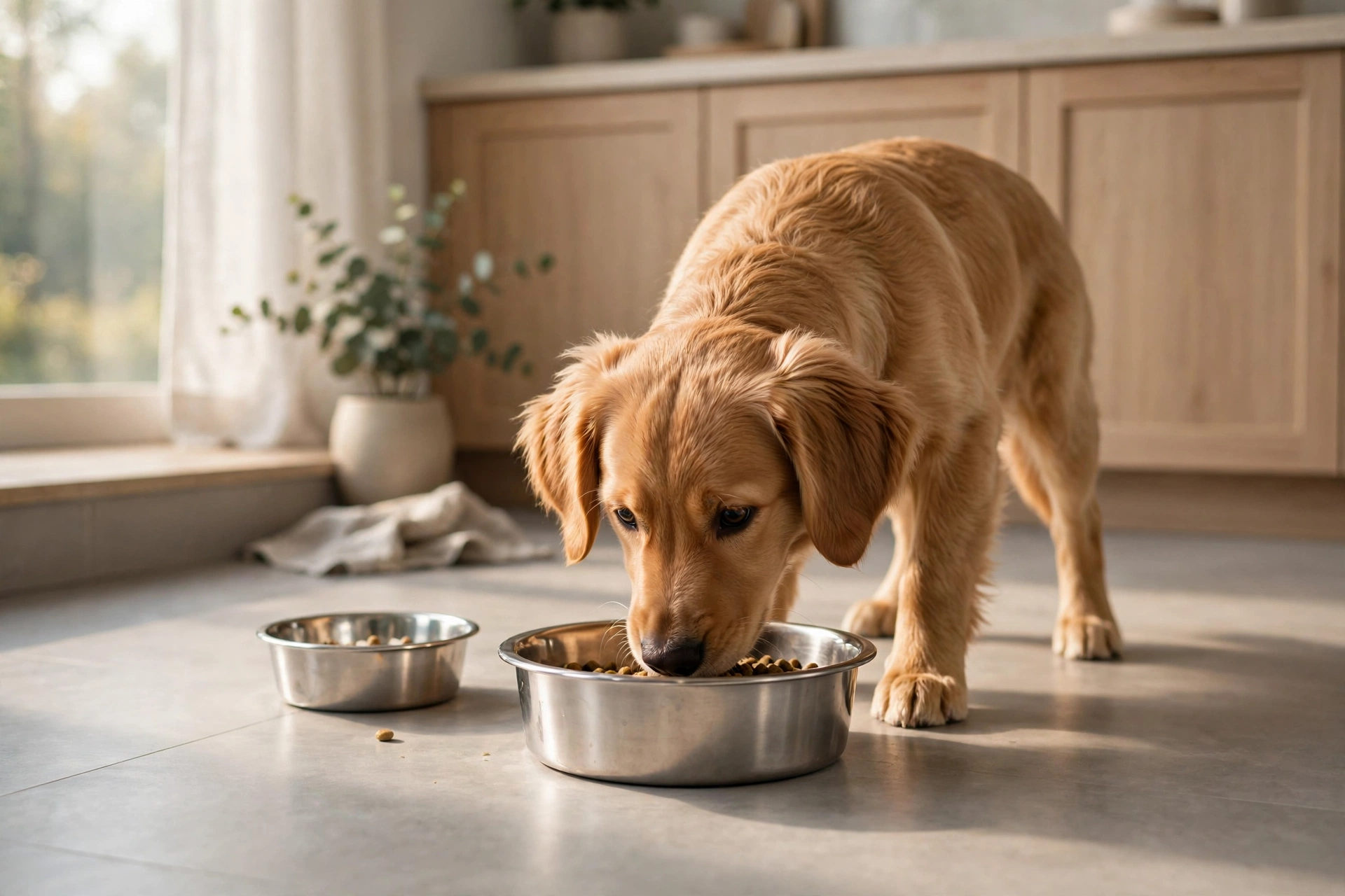 Young adult dog eating from a stainless steel bowl next to a smaller puppy bowl