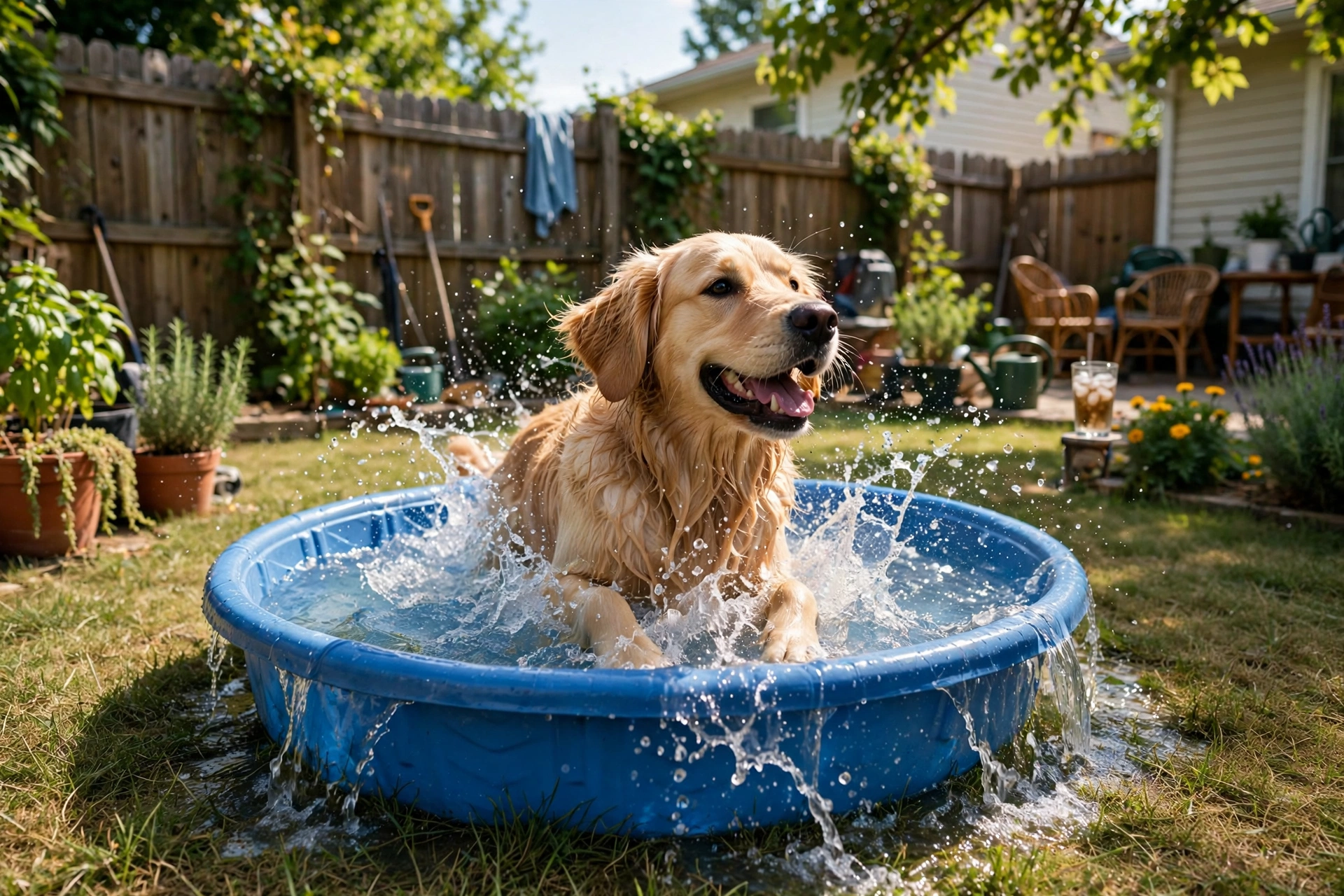Golden retriever splashing in a blue kiddie pool on a hot day