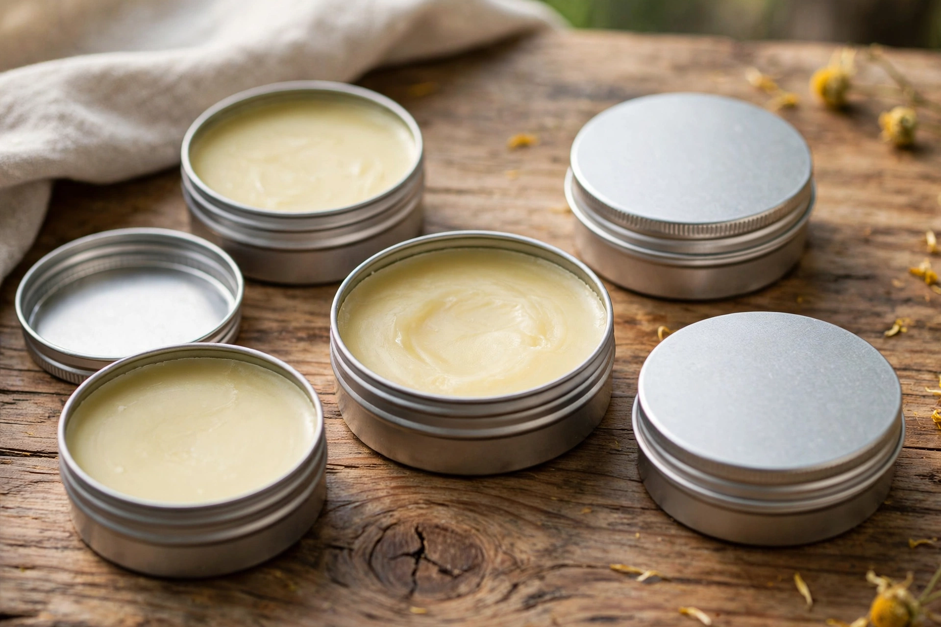 Finished small metal tins of homemade paw balm, one open showing smooth set salve