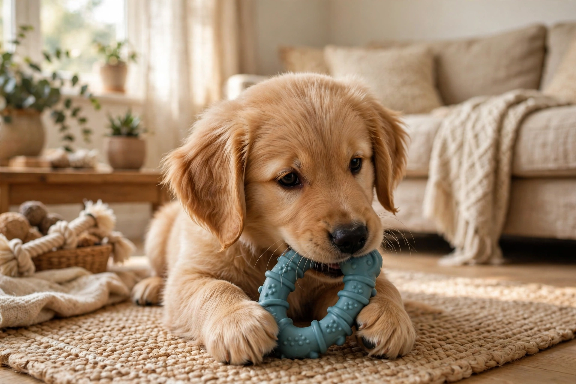 Four-month-old puppy chewing a soft teething toy as baby teeth fall out