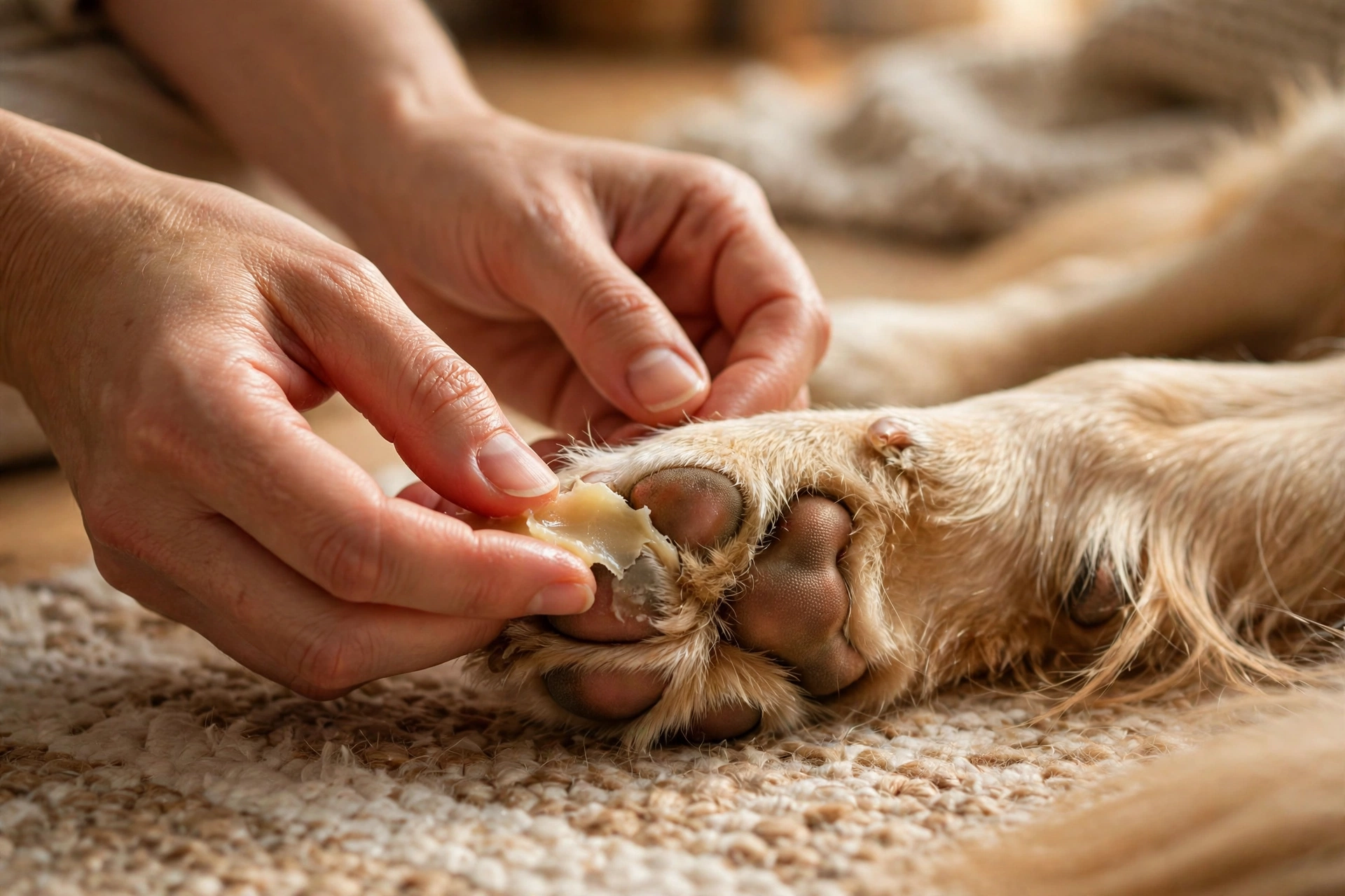 Hands gently rubbing natural paw balm into a golden retriever's paw pad